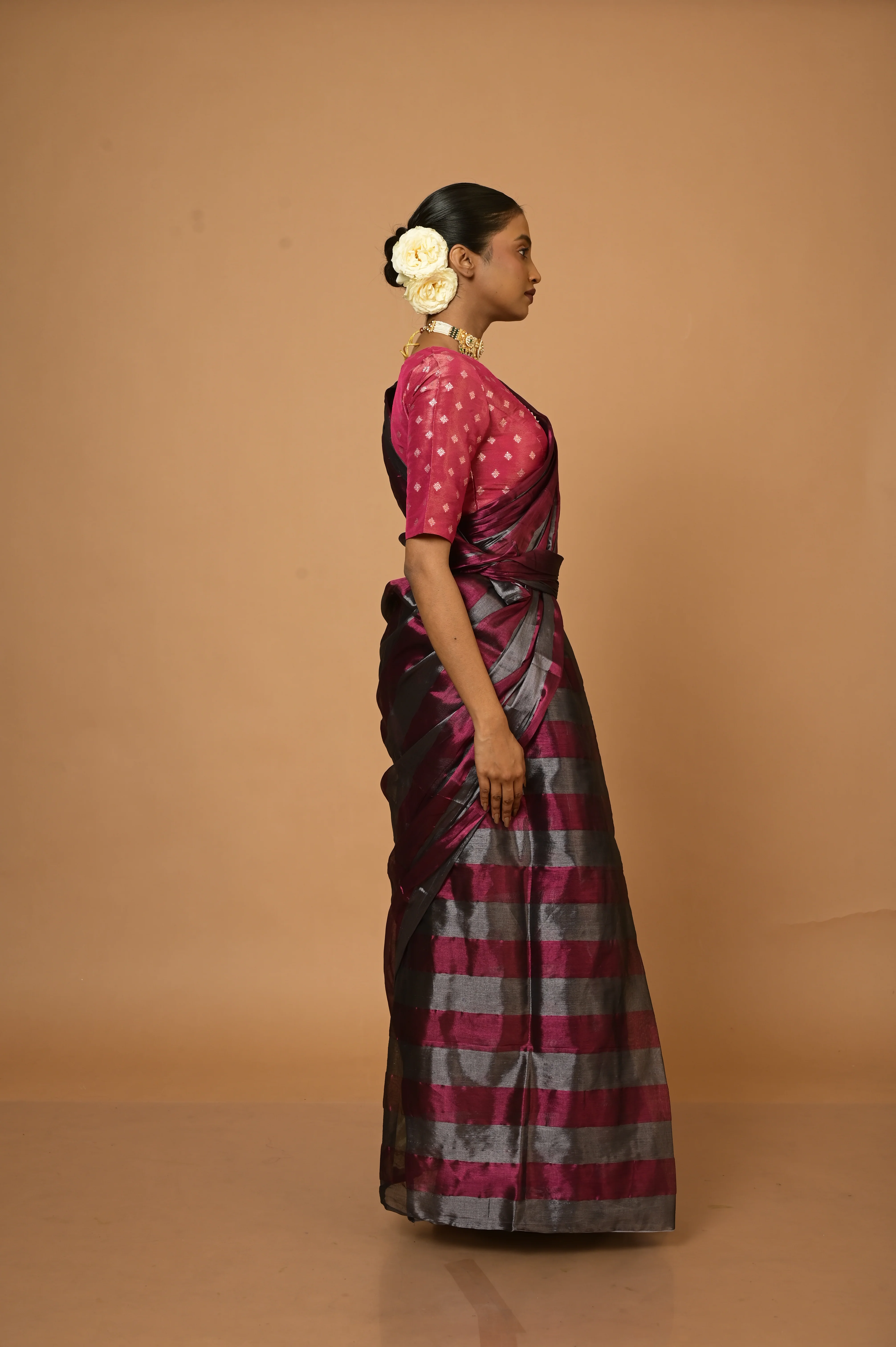 Abhilasha Silver and Purple Striped Handloom Tissue Saree - Image 2
