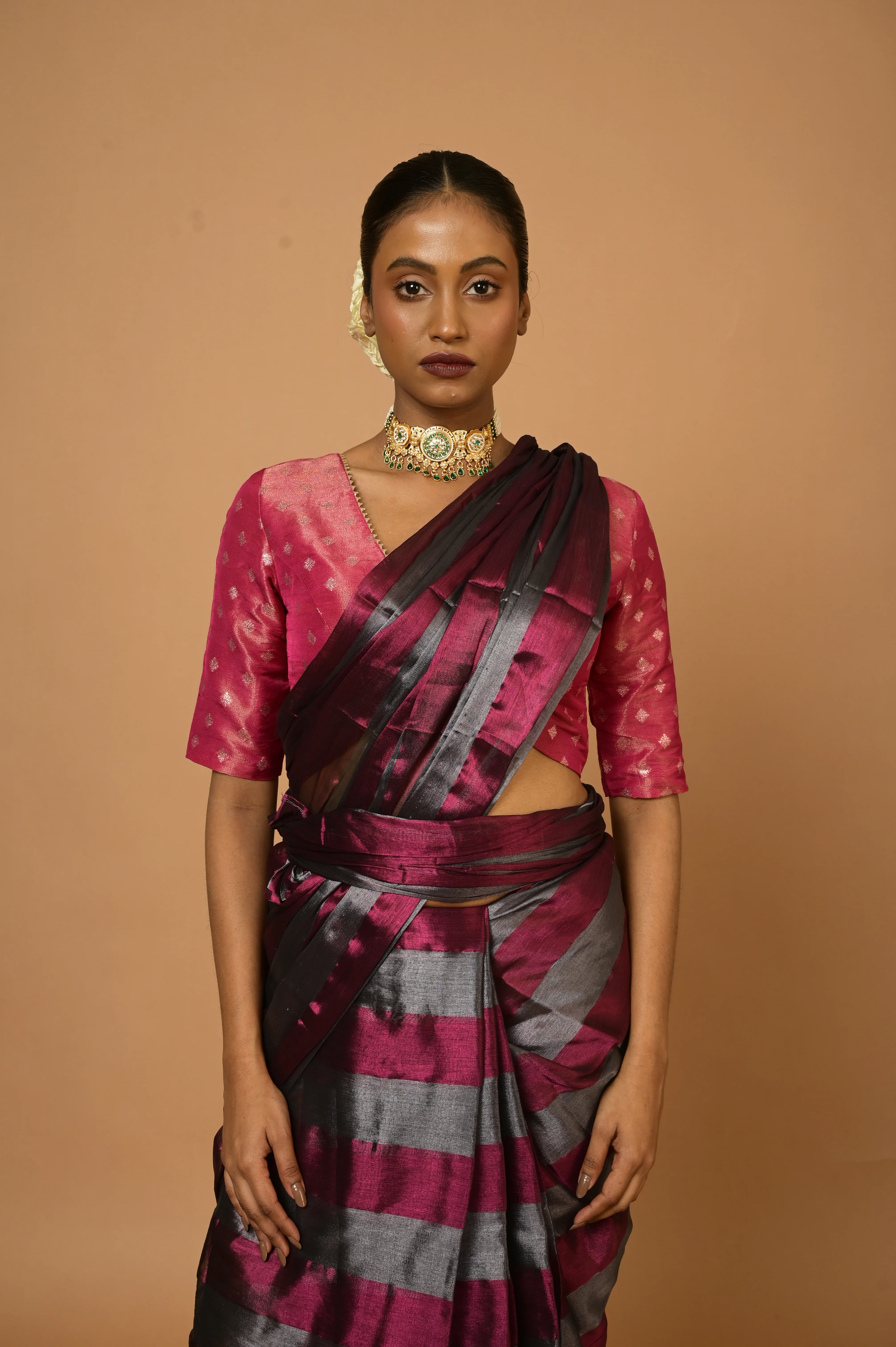 Abhilasha Silver and Purple Striped Handloom Tissue Saree - Image 4