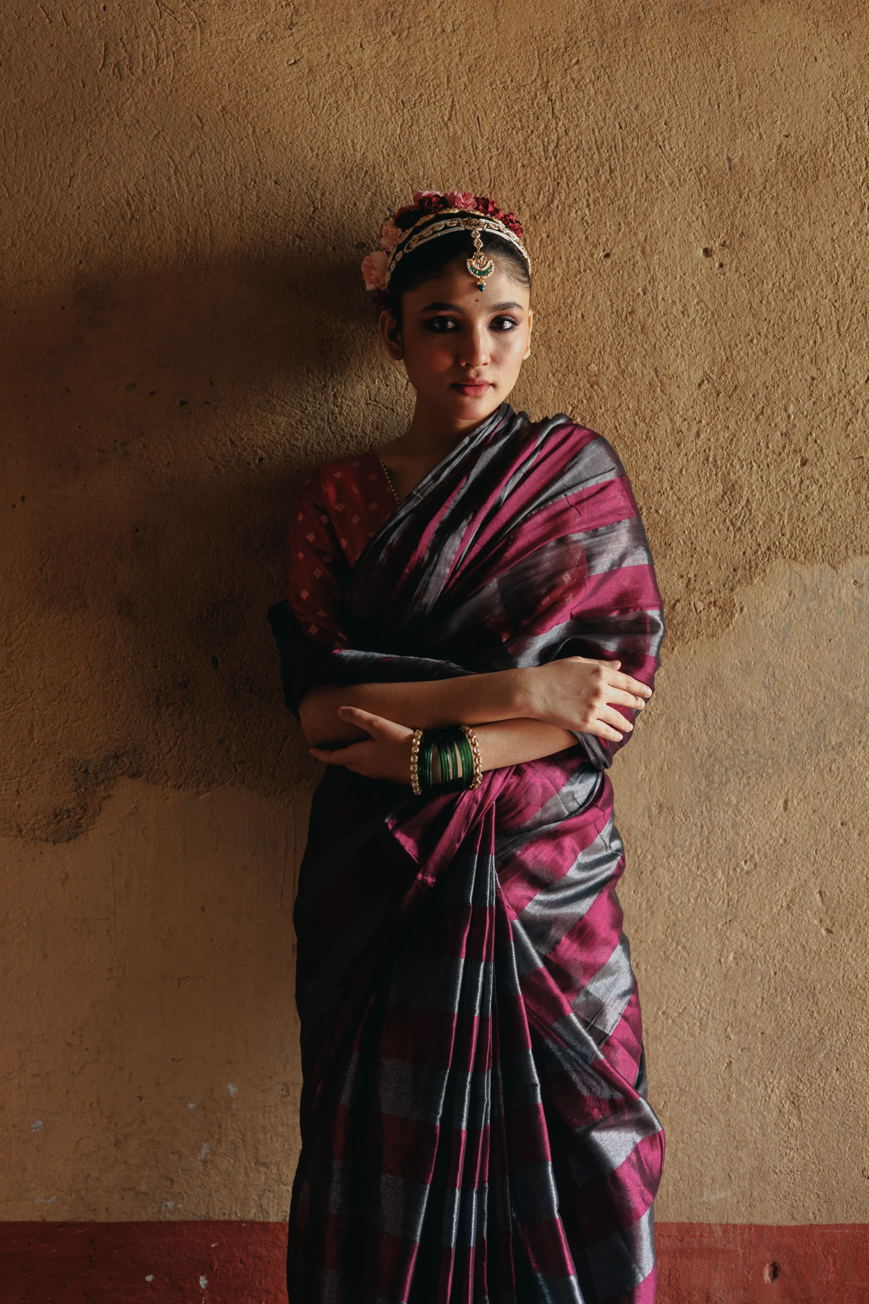 Abhilasha Silver and Purple Striped Handloom Tissue Saree - Image 6