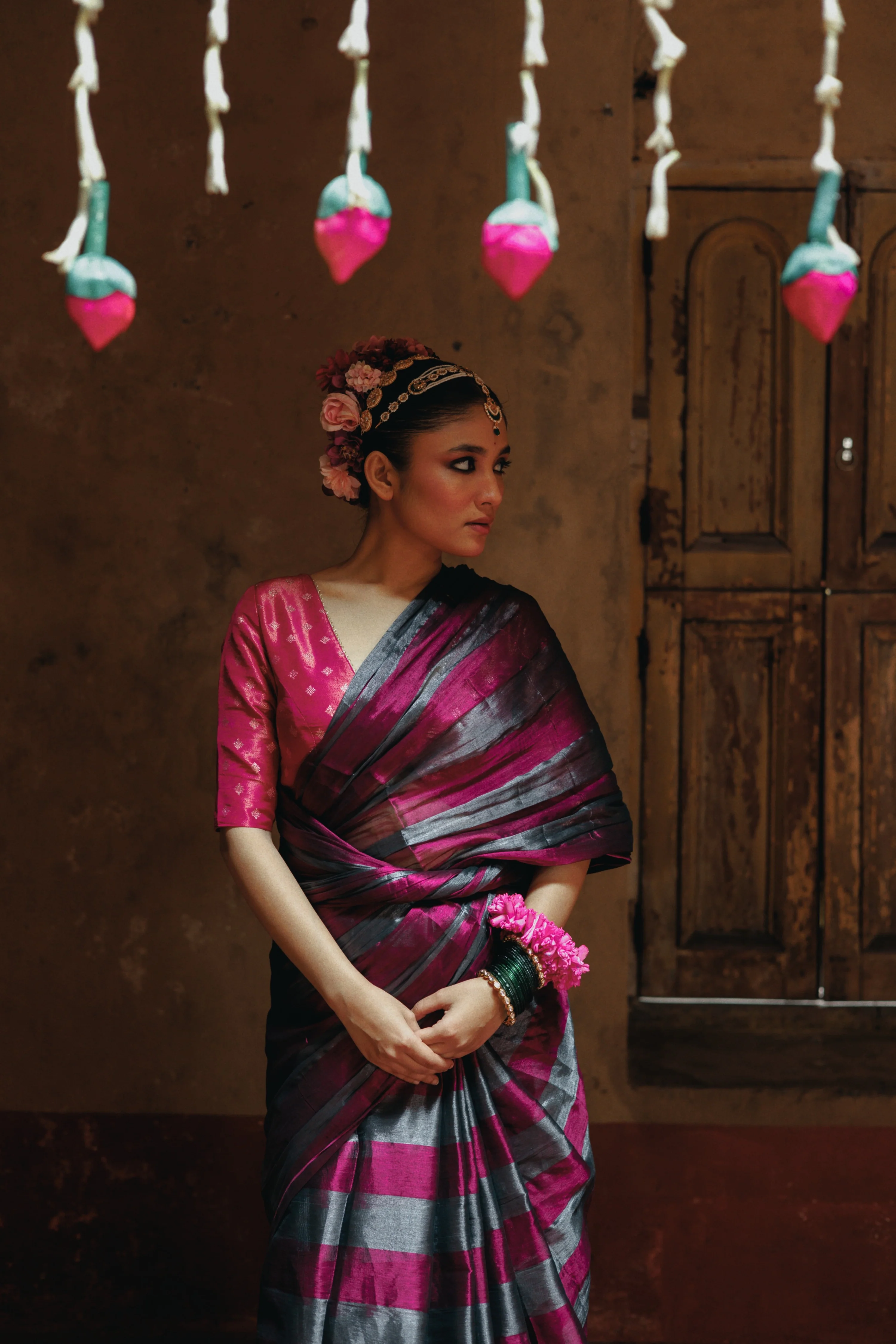 Abhilasha Silver and Purple Striped Handloom Tissue Saree - Image 7