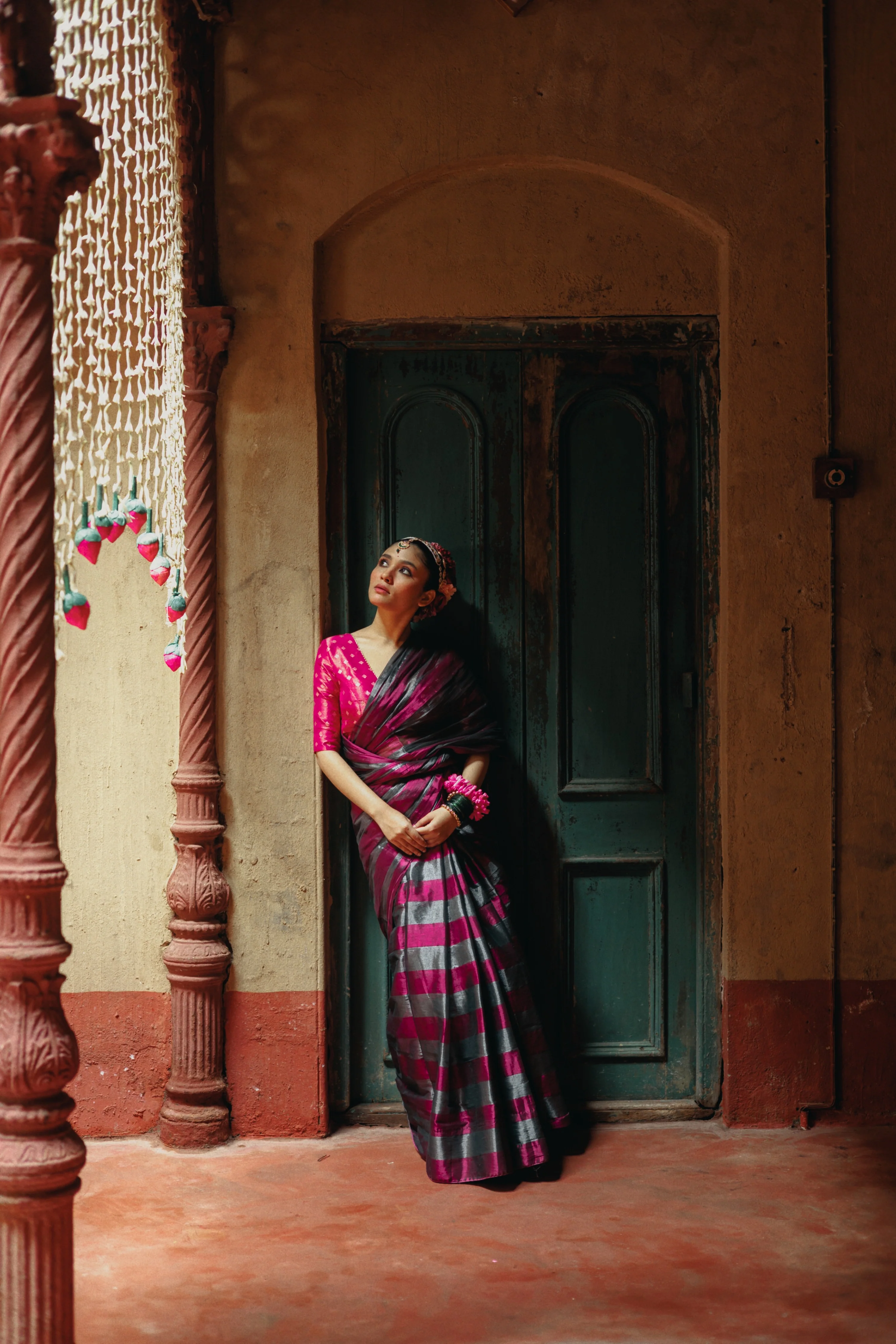 Abhilasha Silver and Purple Striped Handloom Tissue Saree - Image 8