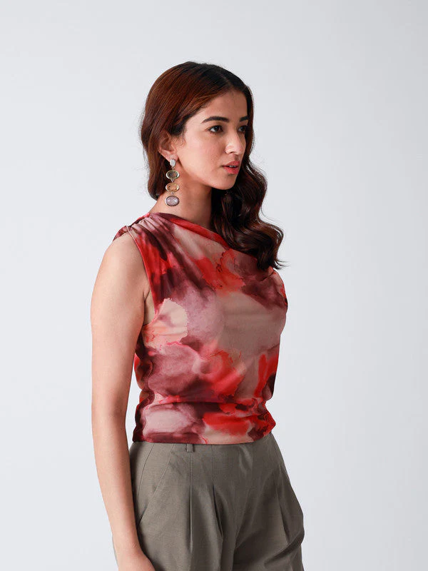Abstract Printed One Twisted Shoulder Top - Image 2