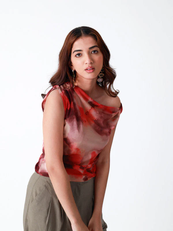 Abstract Printed One Twisted Shoulder Top - Image 7