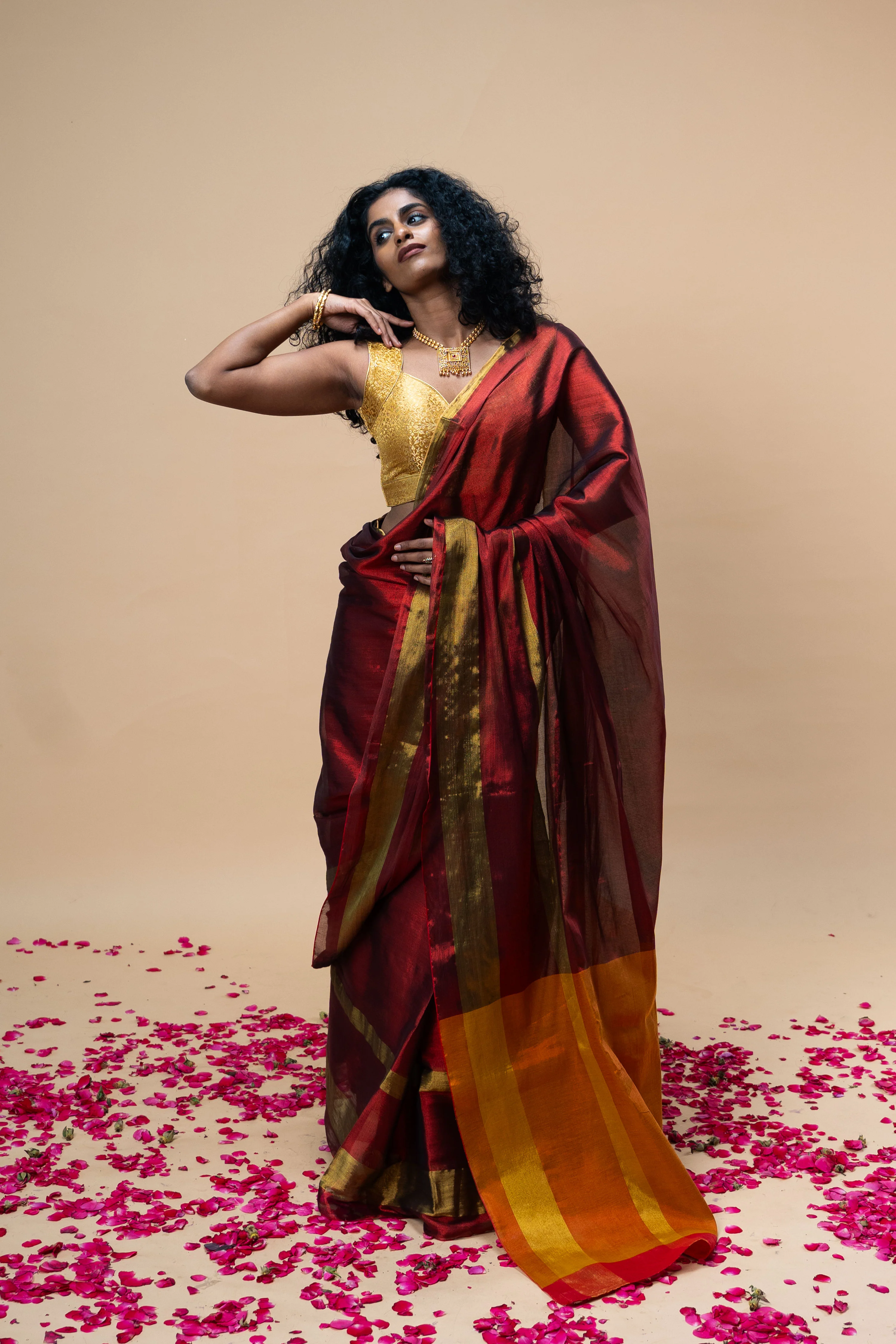 AGNIRA I Red Handwoven Tissue Saree with Golden Striped Border