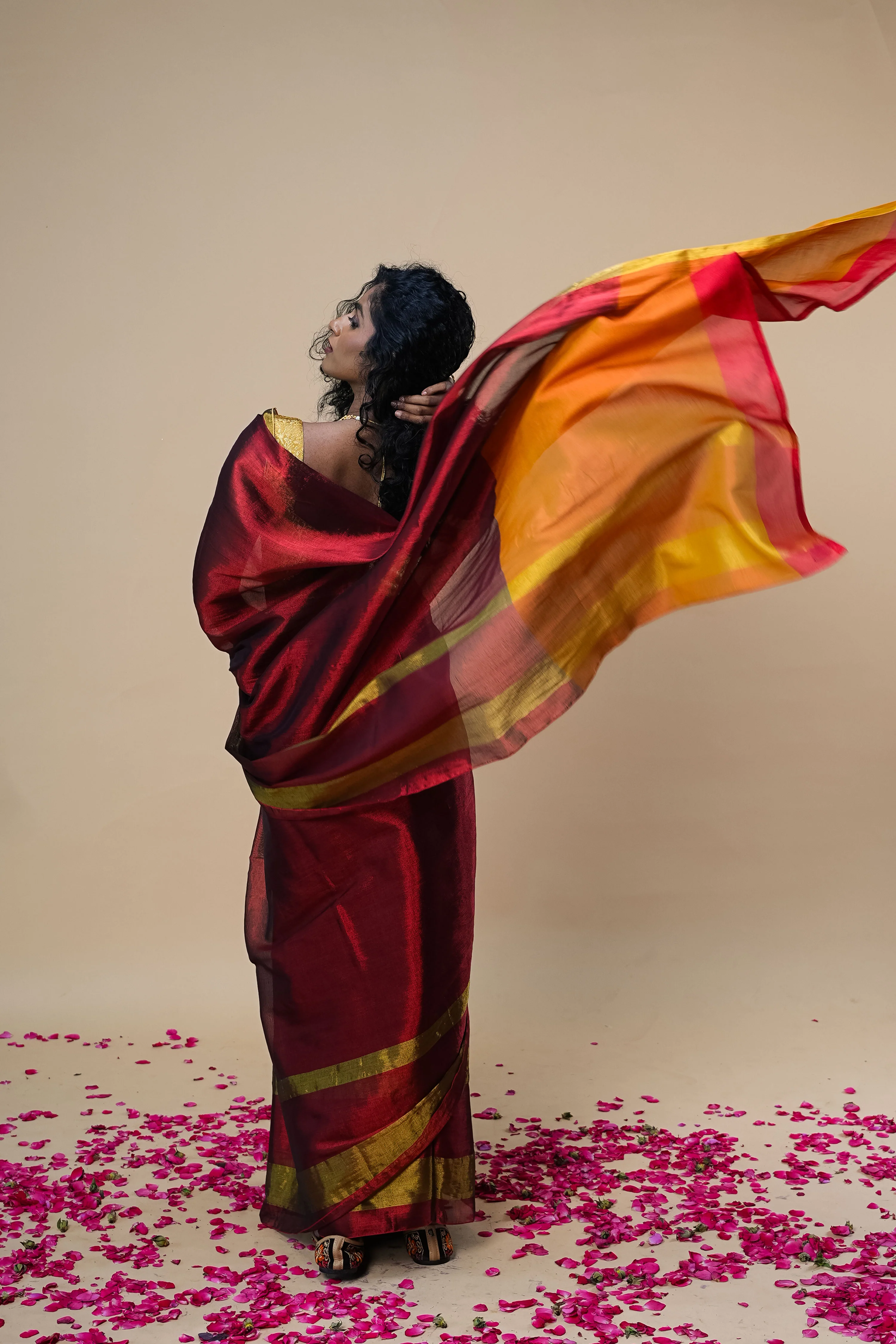 AGNIRA I Red Handwoven Tissue Saree with Golden Striped Border - Image 2