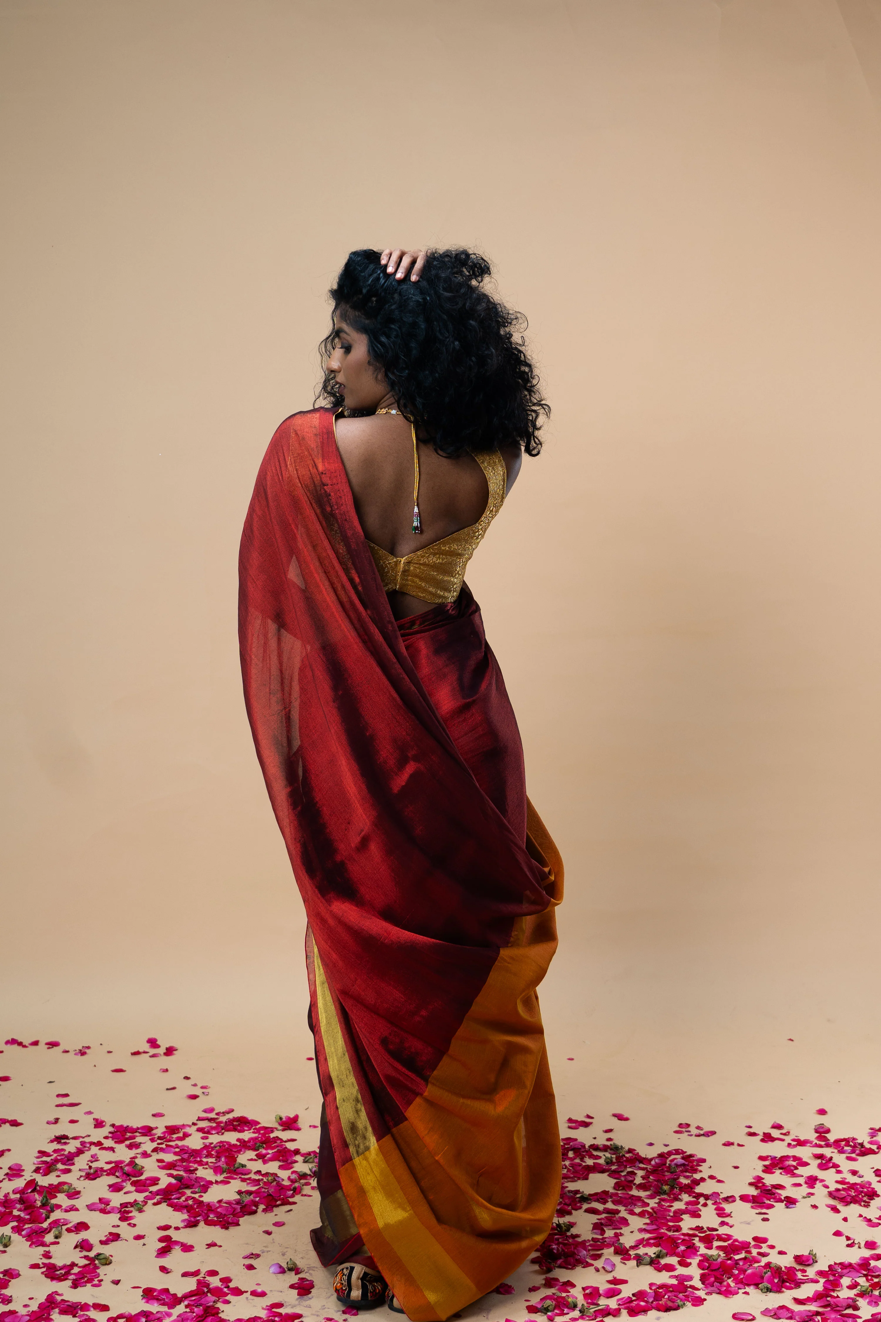 AGNIRA I Red Handwoven Tissue Saree with Golden Striped Border - Image 3