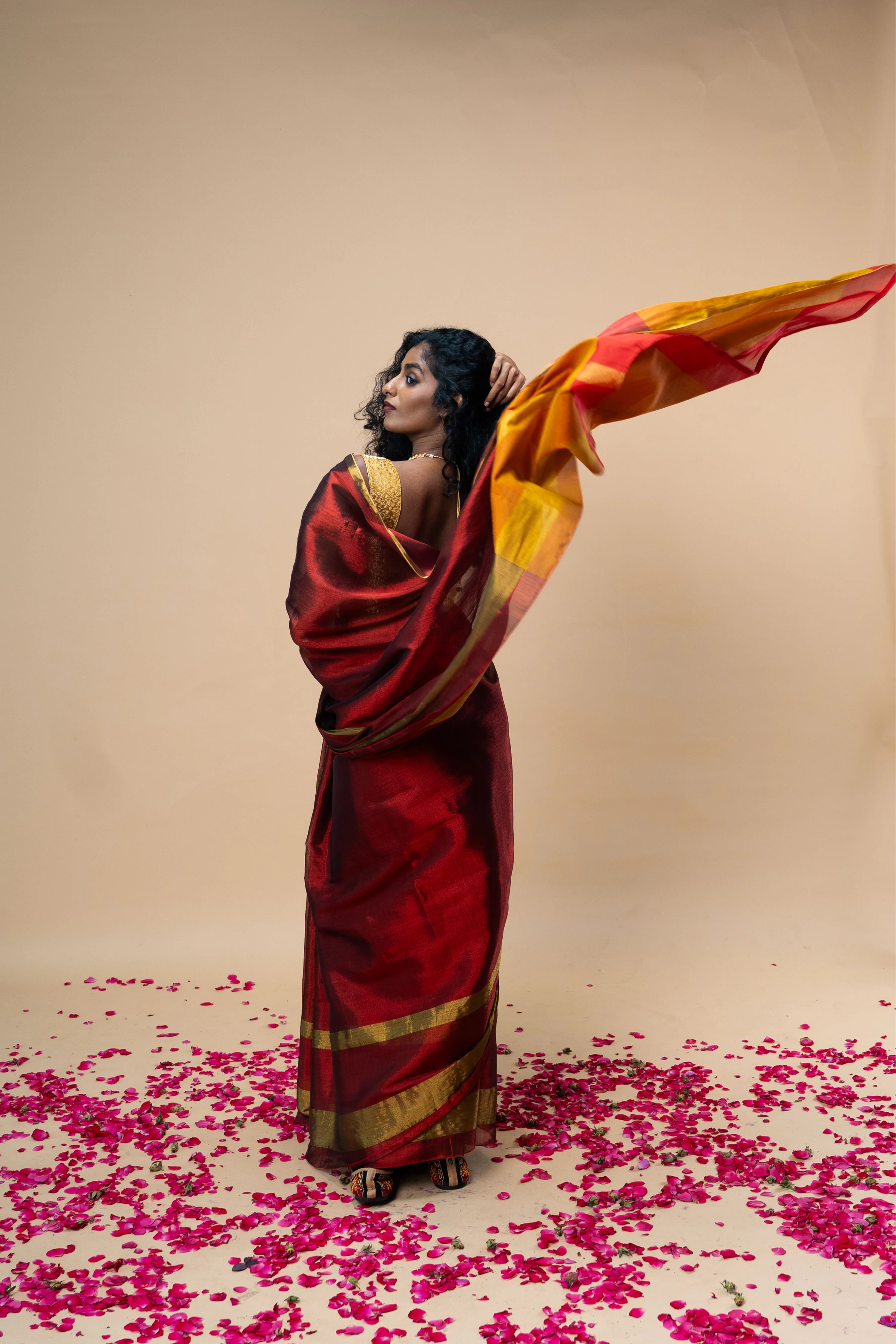 AGNIRA I Red Handwoven Tissue Saree with Golden Striped Border - Image 4