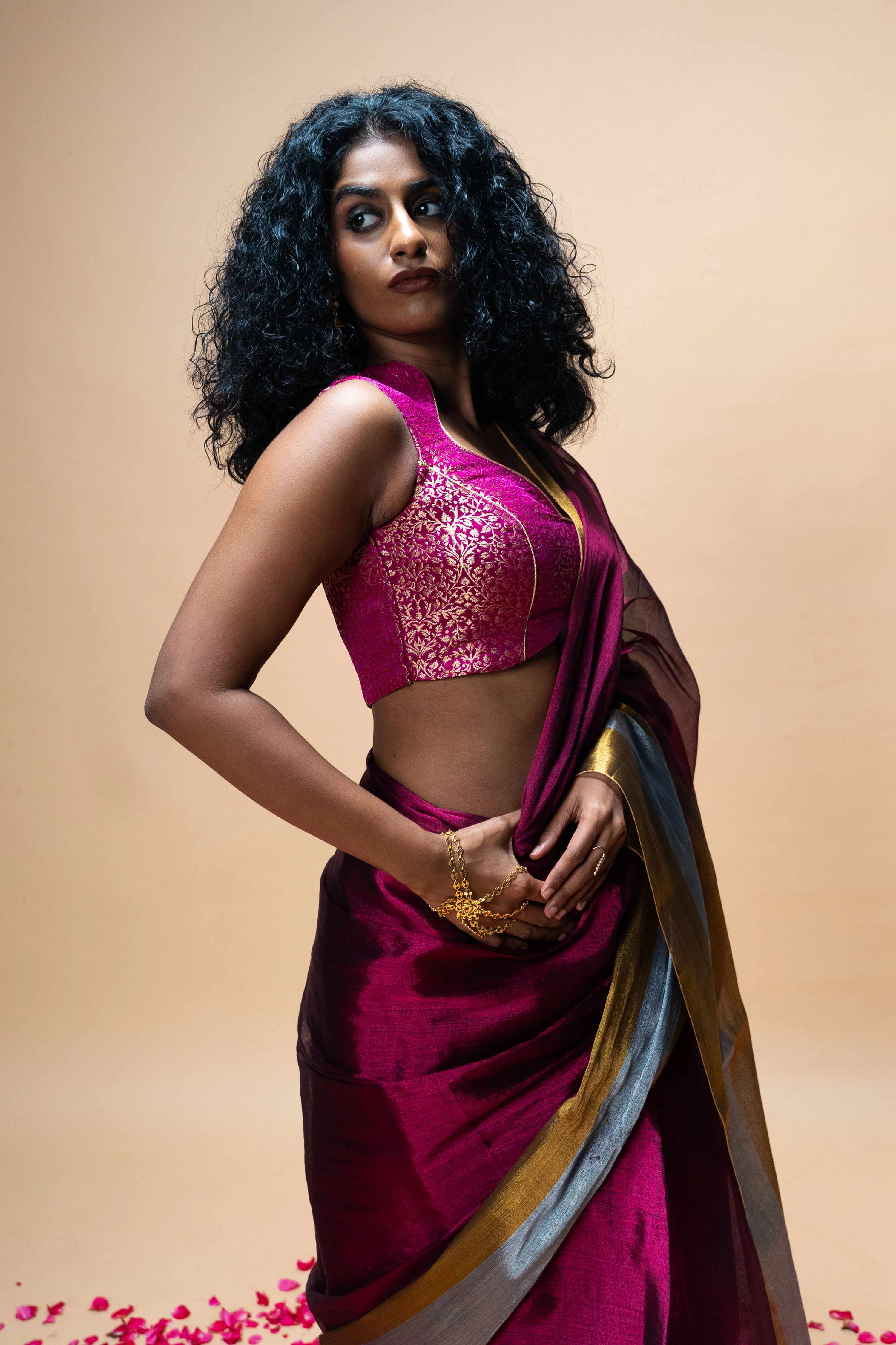 AMEYA I Dark Pink Handwoven Tissue Saree with Gold and Silver Border - Image 2