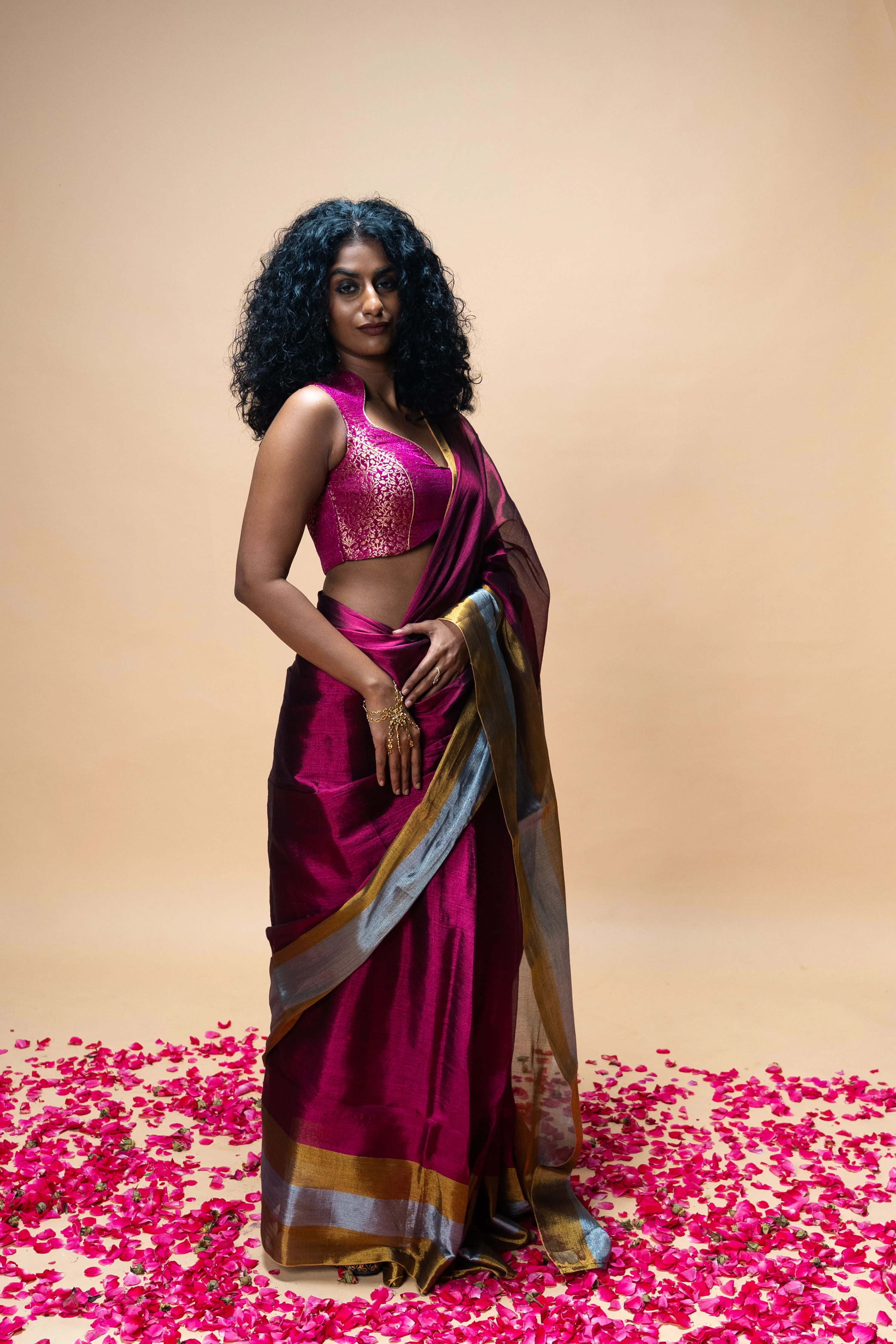 AMEYA I Dark Pink Handwoven Tissue Saree with Gold and Silver Border - Image 3