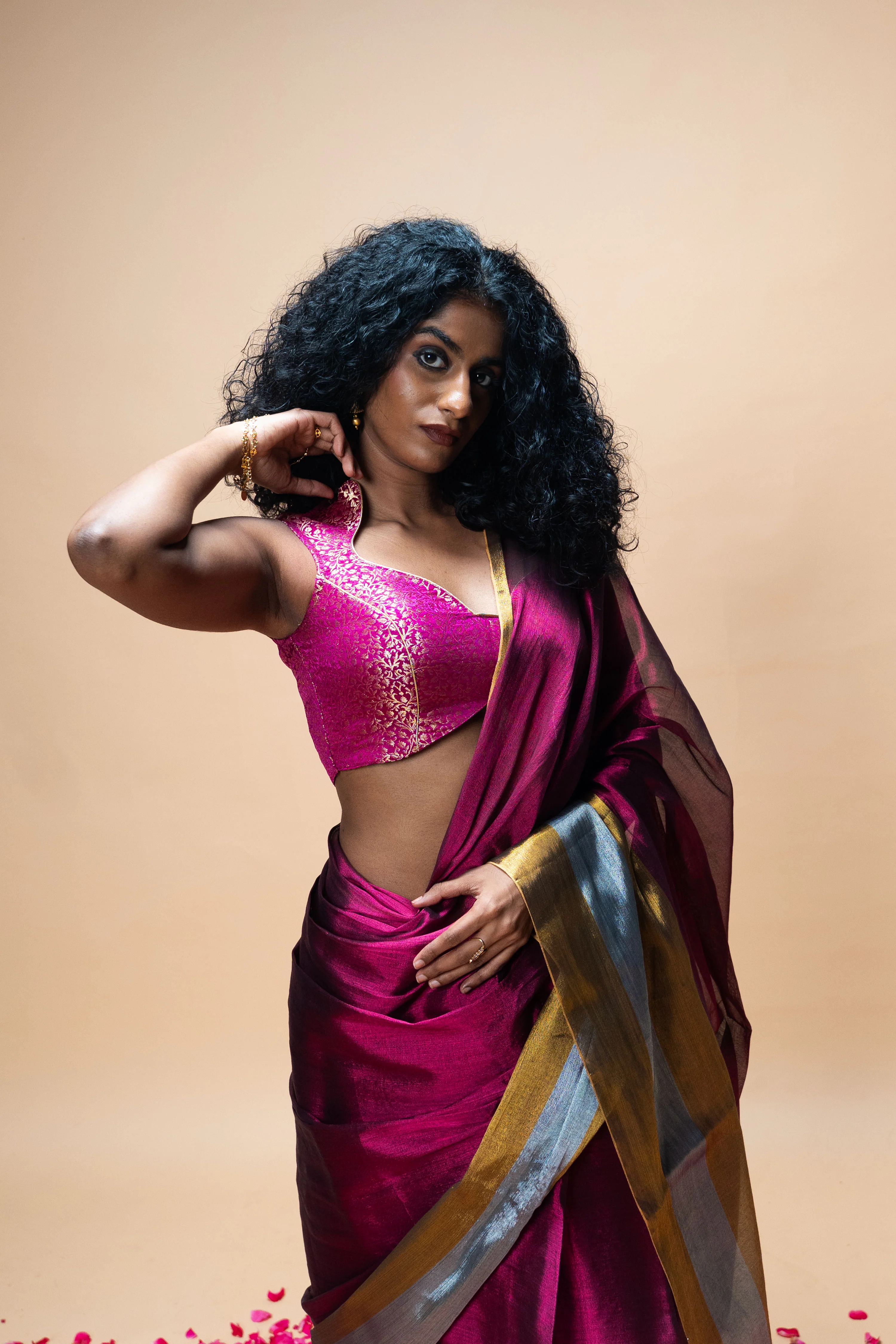 AMEYA I Dark Pink Handwoven Tissue Saree with Gold and Silver Border - Image 4