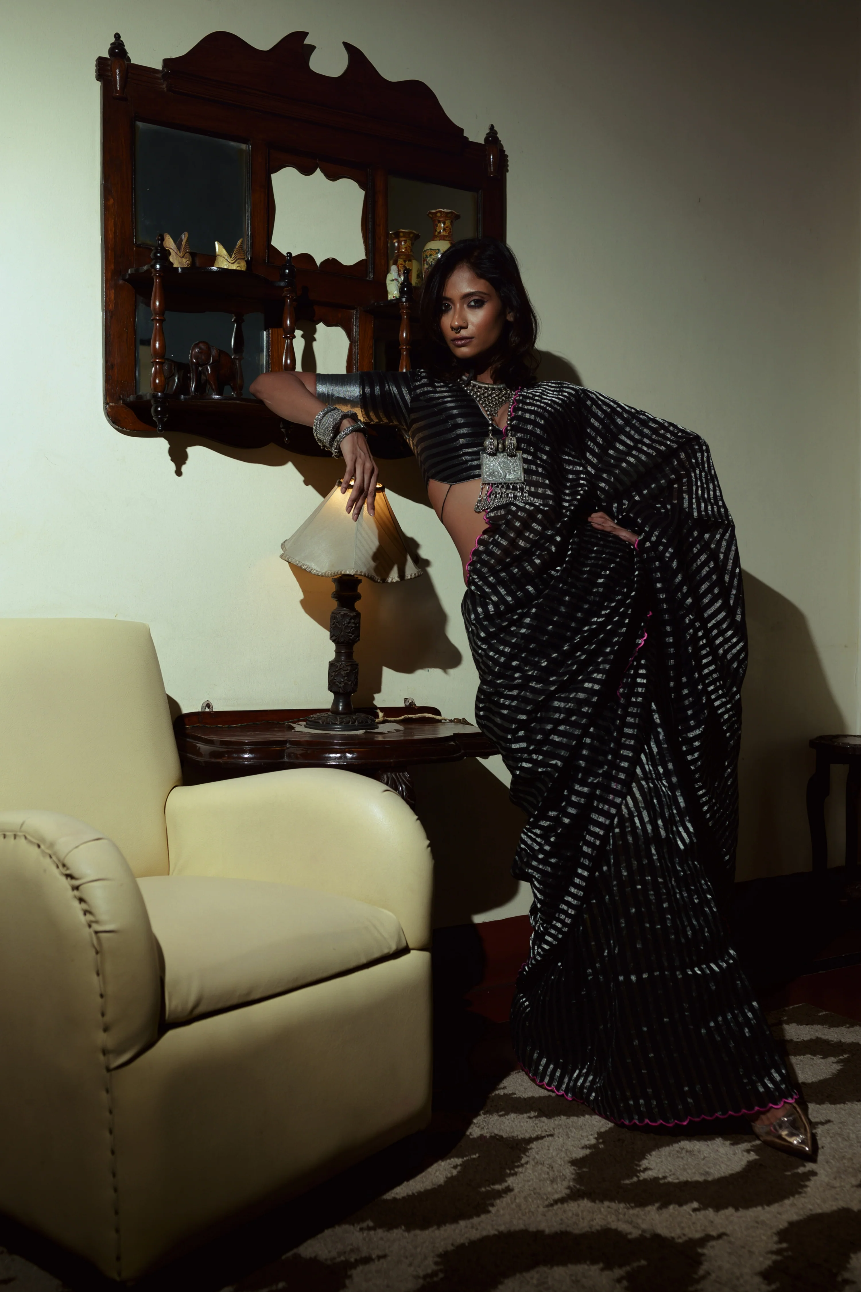 Arcane Sorceress Black Handloom Cotton Saree with Zari Stripes and Scalloped Border - Image 2
