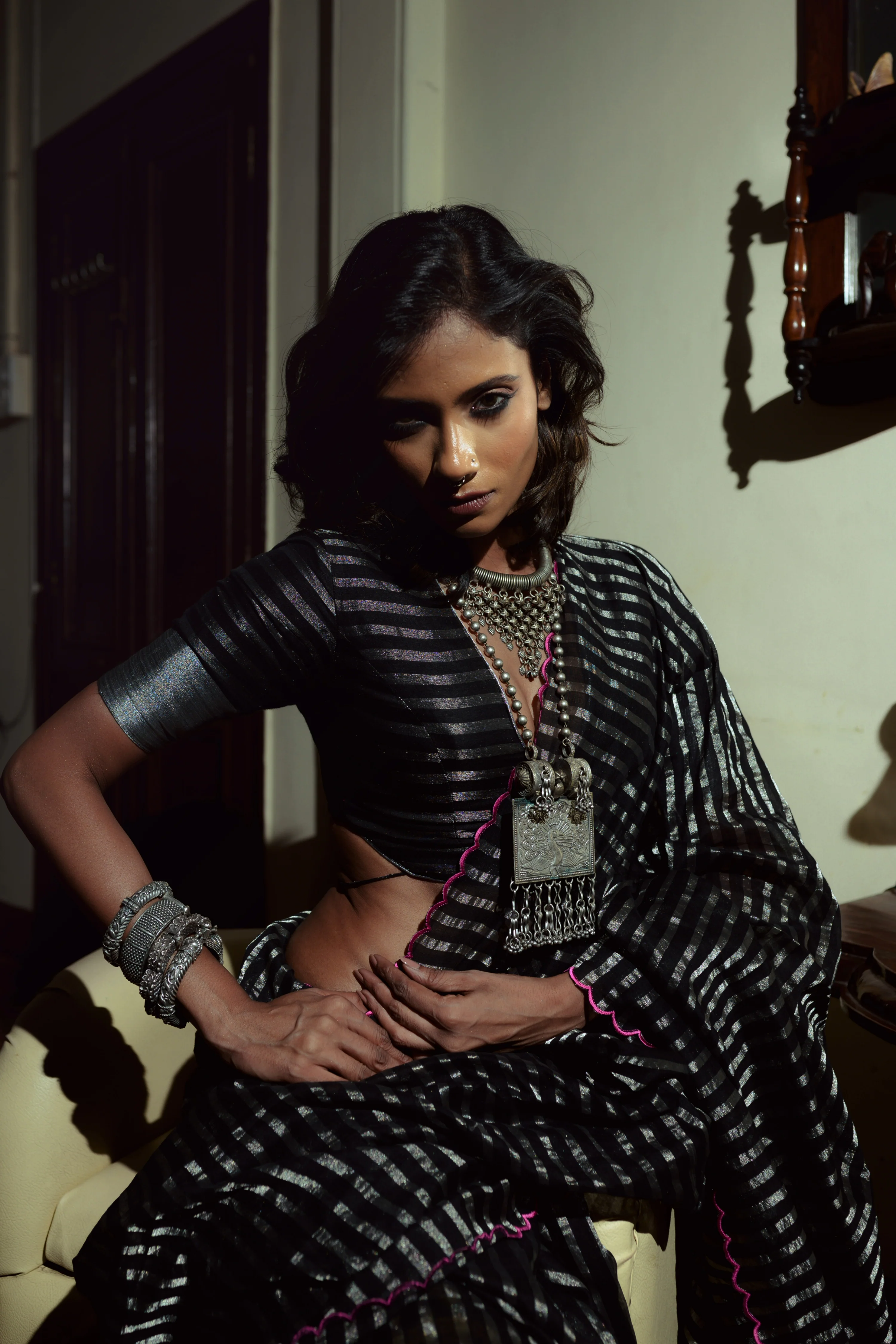 Arcane Sorceress Black Handloom Cotton Saree with Zari Stripes and Scalloped Border - Image 3