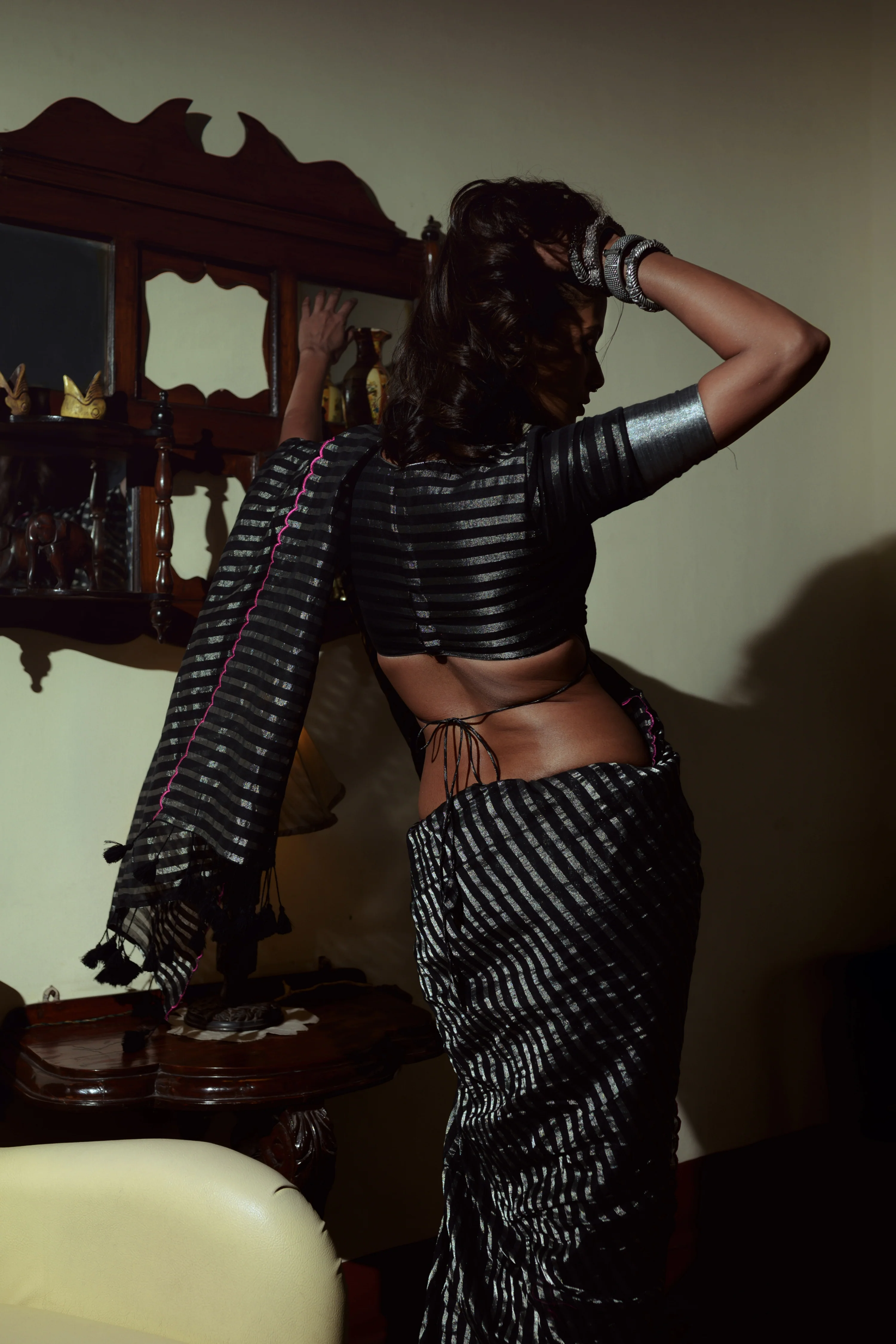 Arcane Sorceress Black Handloom Cotton Saree with Zari Stripes and Scalloped Border - Image 5