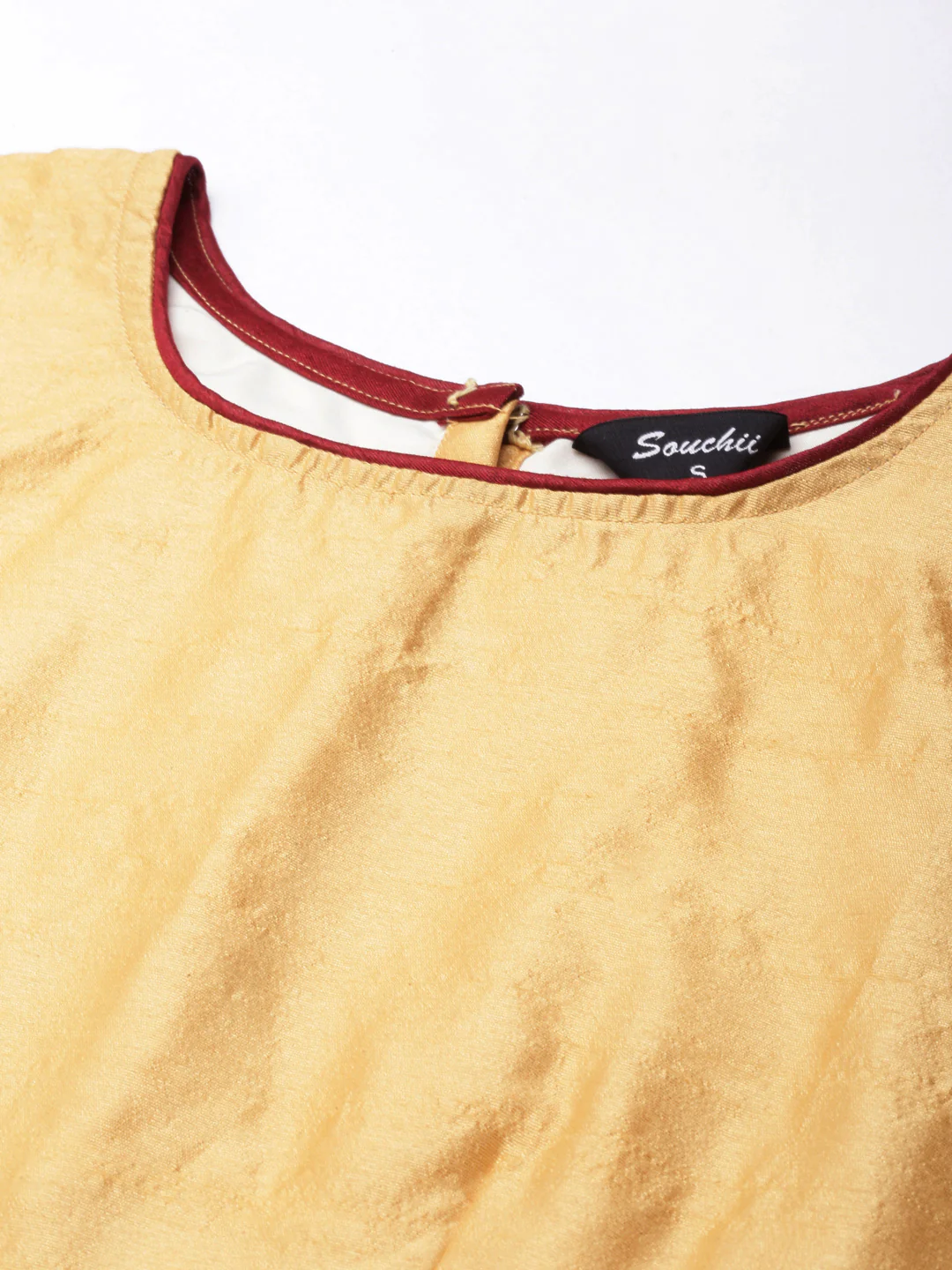 Beige Solid Short Sleeves Mandarin Collar Dupion Silk Knot Blouse - Image 3