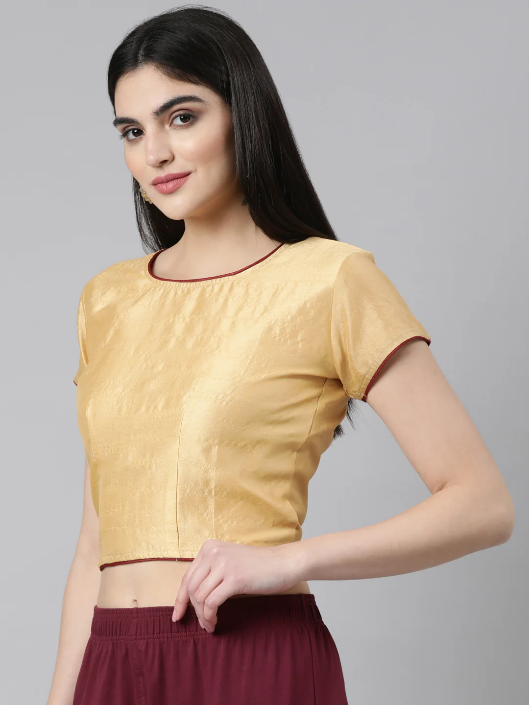 Beige Solid Short Sleeves Mandarin Collar Dupion Silk Knot Blouse - Image 4