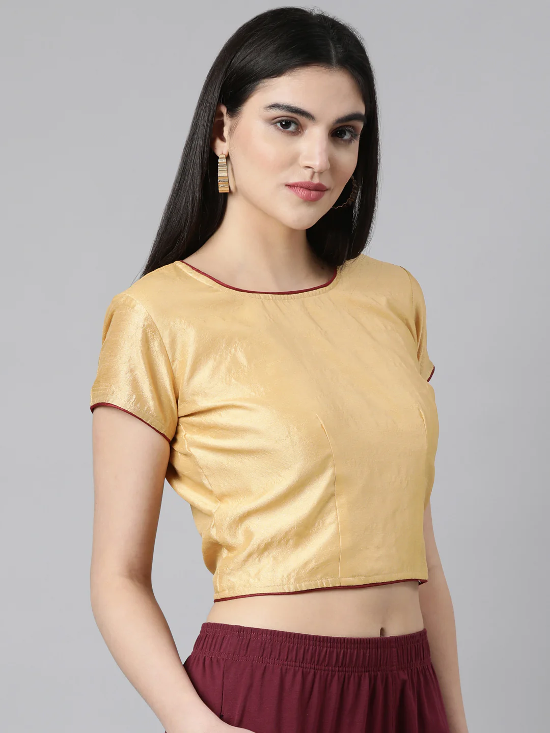 Beige Solid Short Sleeves Mandarin Collar Dupion Silk Knot Blouse - Image 5