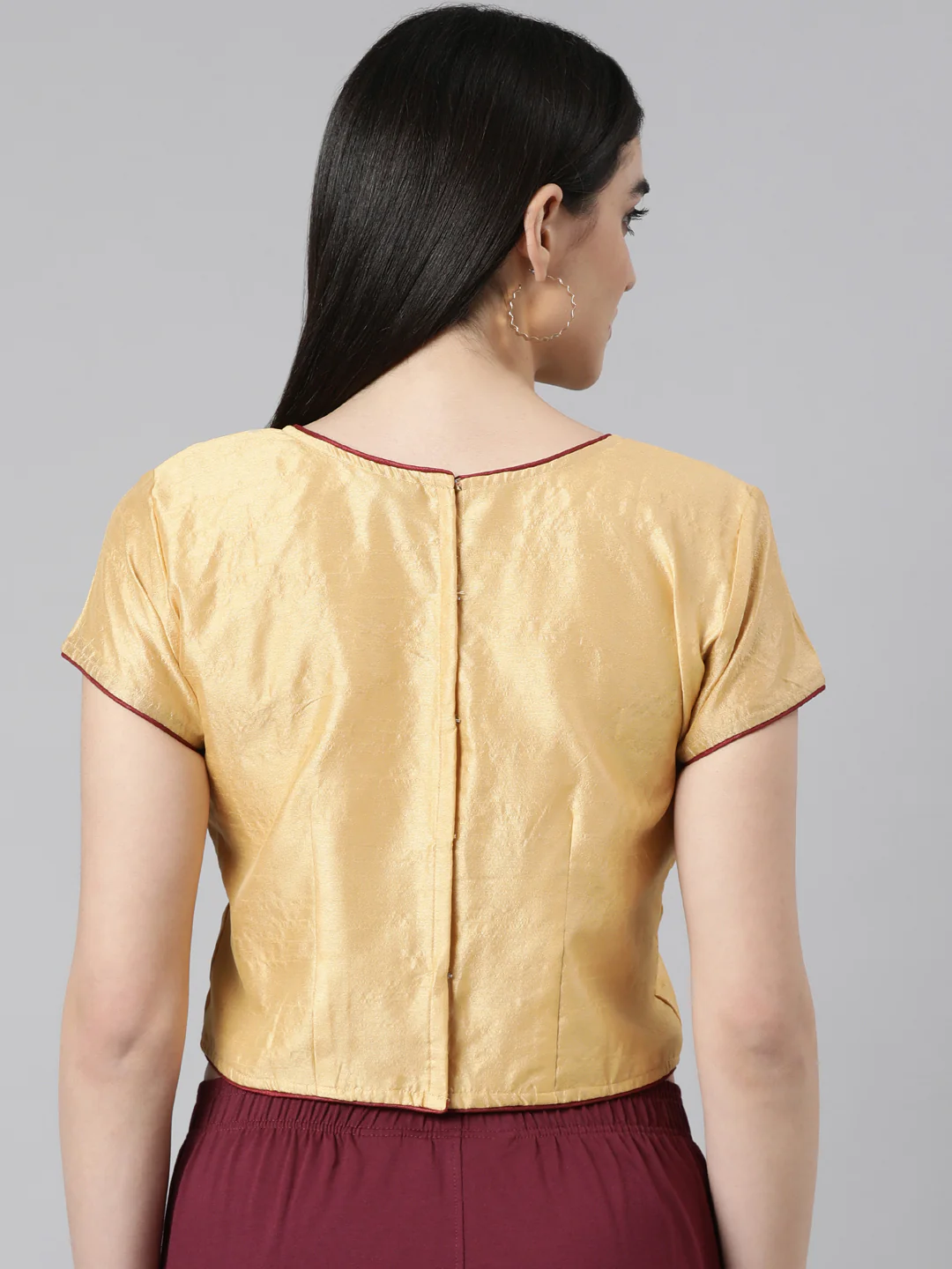 Beige Solid Short Sleeves Mandarin Collar Dupion Silk Knot Blouse - Image 6