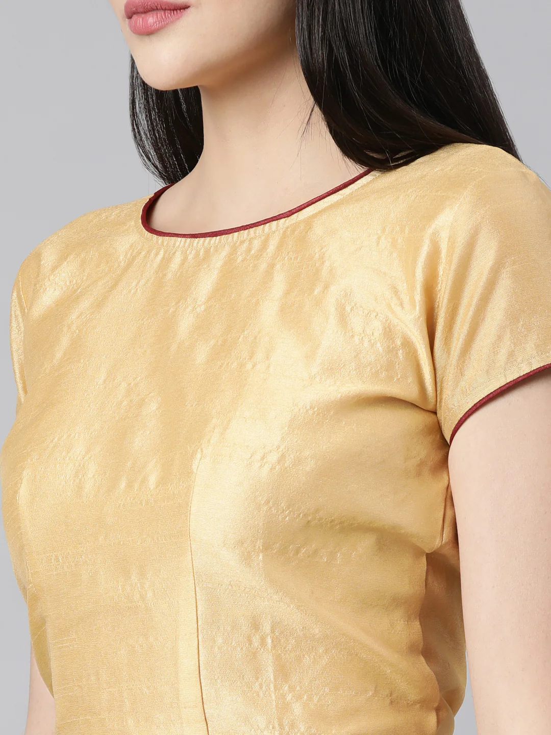 Beige Solid Short Sleeves Mandarin Collar Dupion Silk Knot Blouse - Image 7