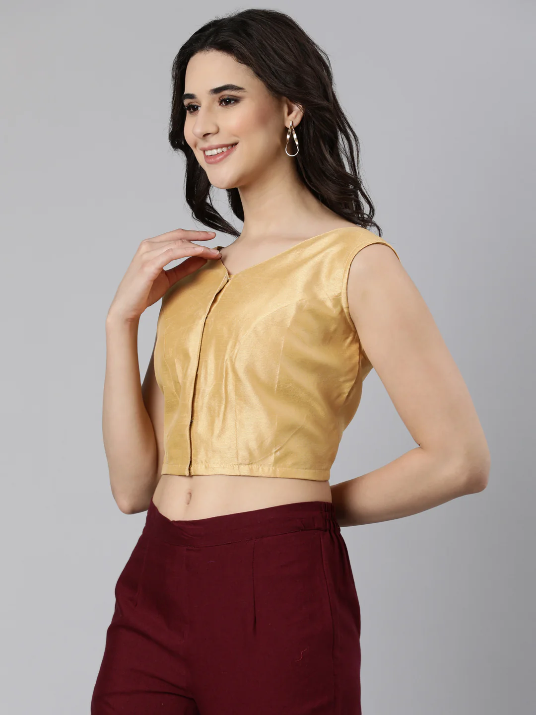 Beige Solid Sleeveless V-Neck Dupion Silk Knot Blouse - Image 2