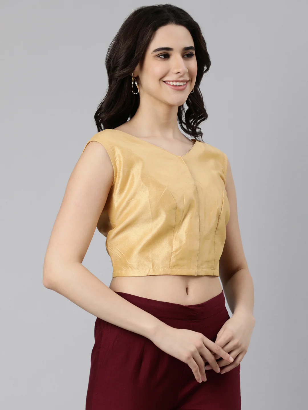 Beige Solid Sleeveless V-Neck Dupion Silk Knot Blouse - Image 3