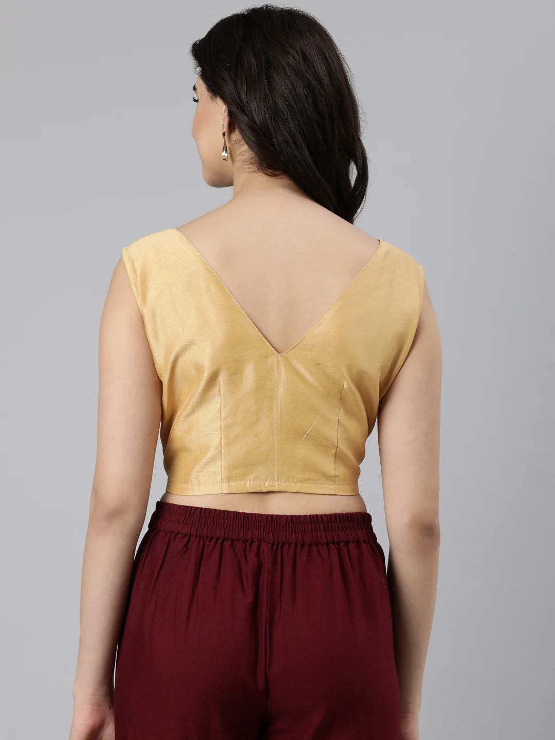 Beige Solid Sleeveless V-Neck Dupion Silk Knot Blouse - Image 4