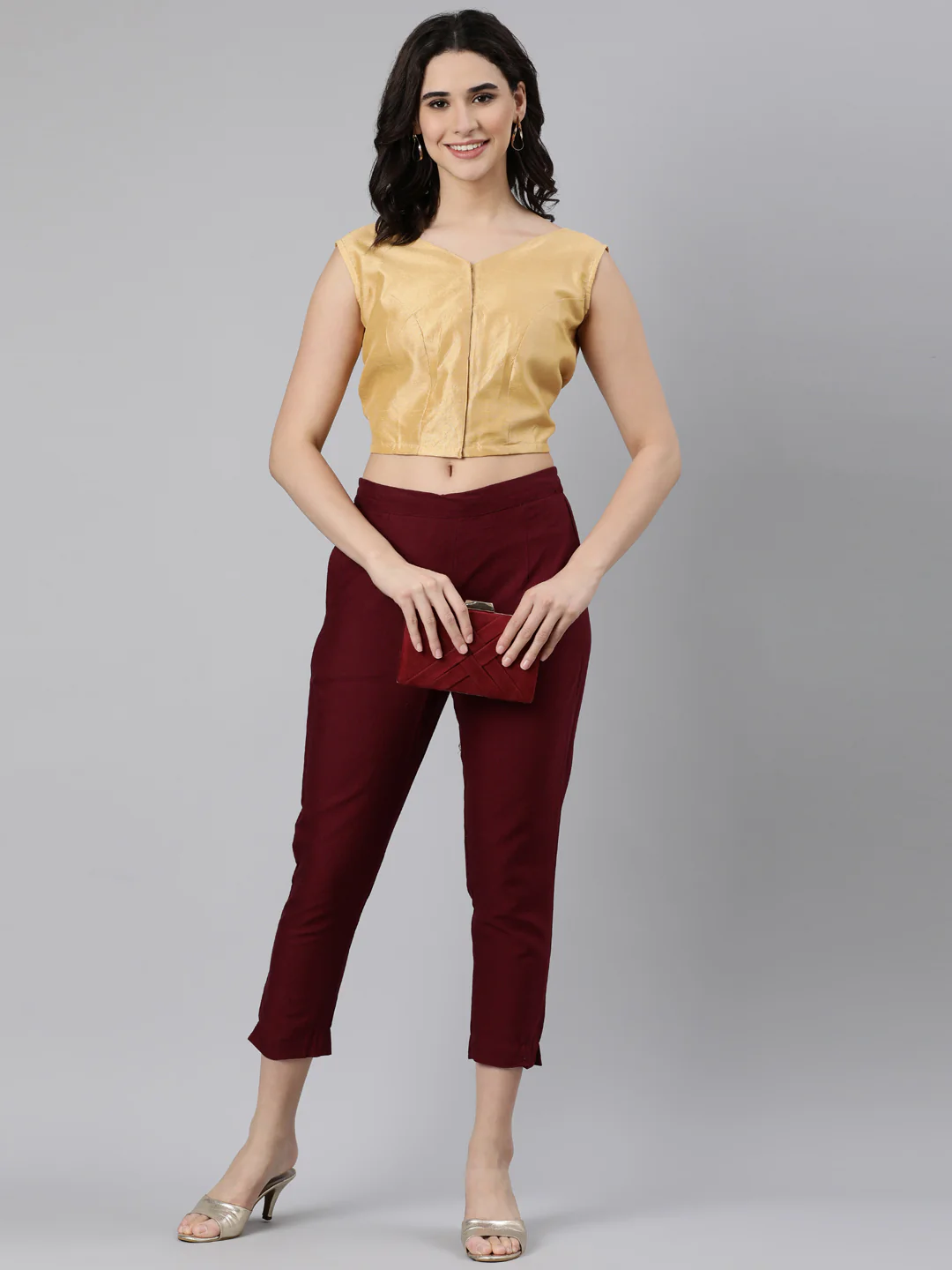 Beige Solid Sleeveless V-Neck Dupion Silk Knot Blouse - Image 5