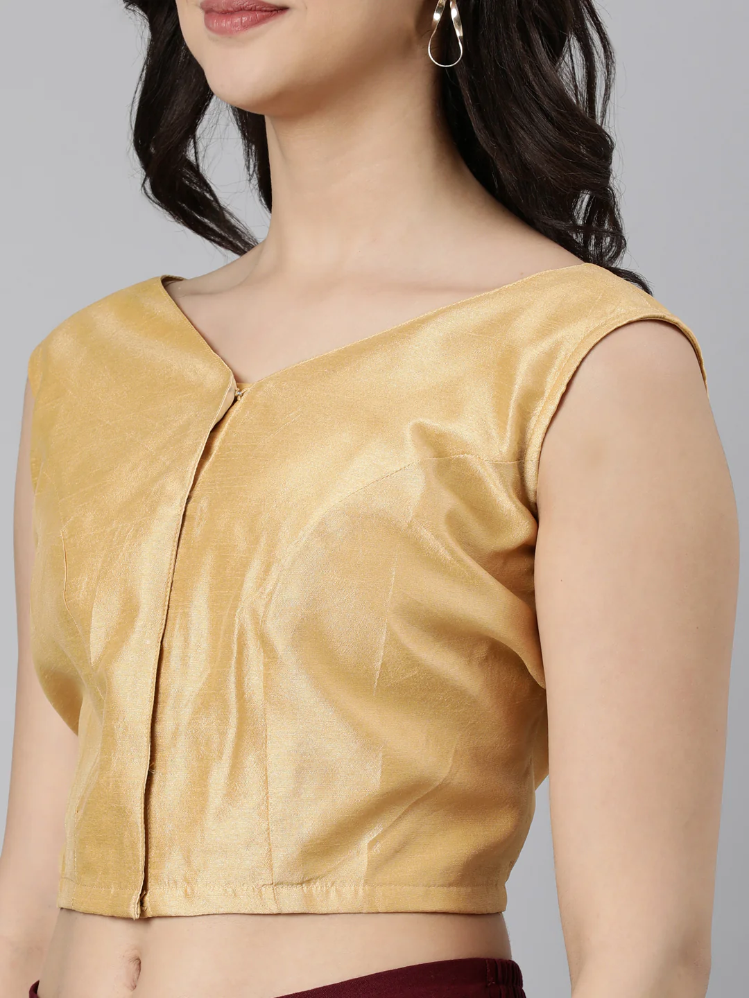 Beige Solid Sleeveless V-Neck Dupion Silk Knot Blouse - Image 6