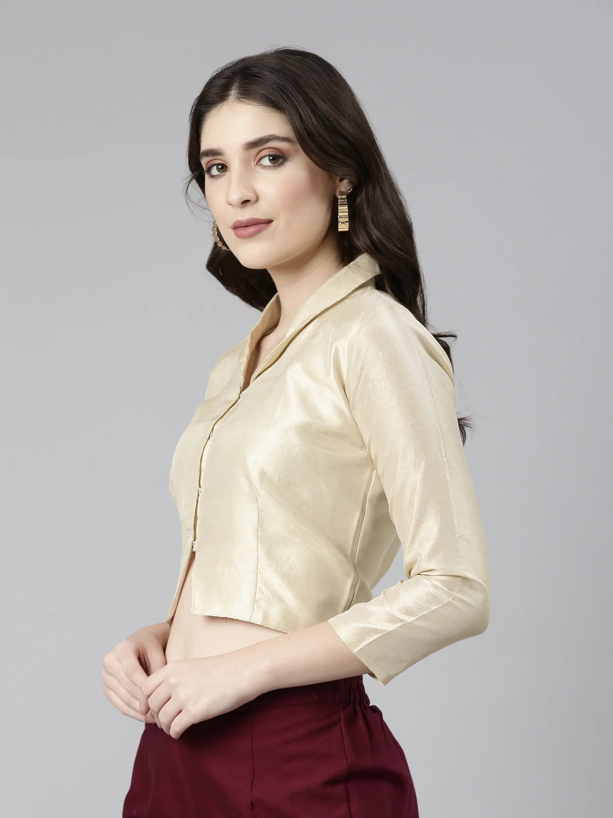 Beige Solid Three-Quarter Sleeves Mandarin Collar Dupion Silk Knot Blouse - Image 3