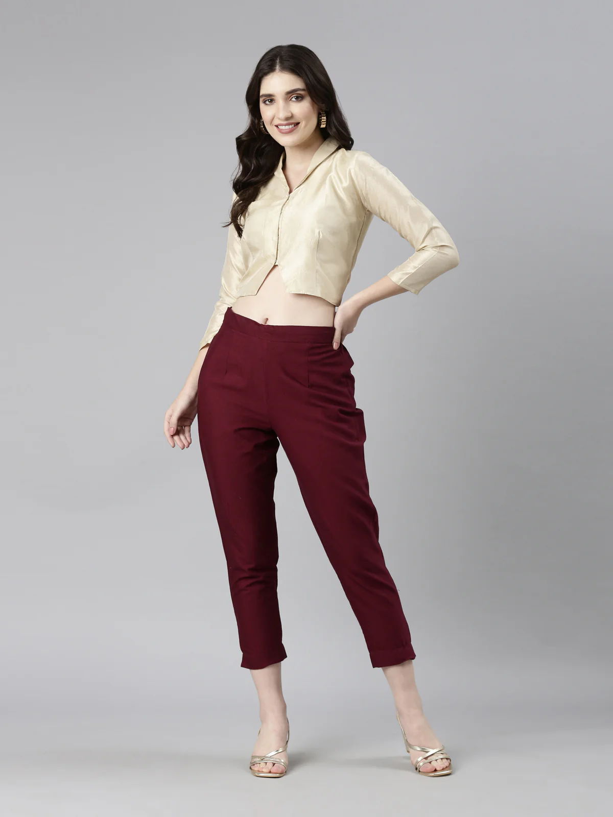 Beige Solid Three-Quarter Sleeves Mandarin Collar Dupion Silk Knot Blouse - Image 6