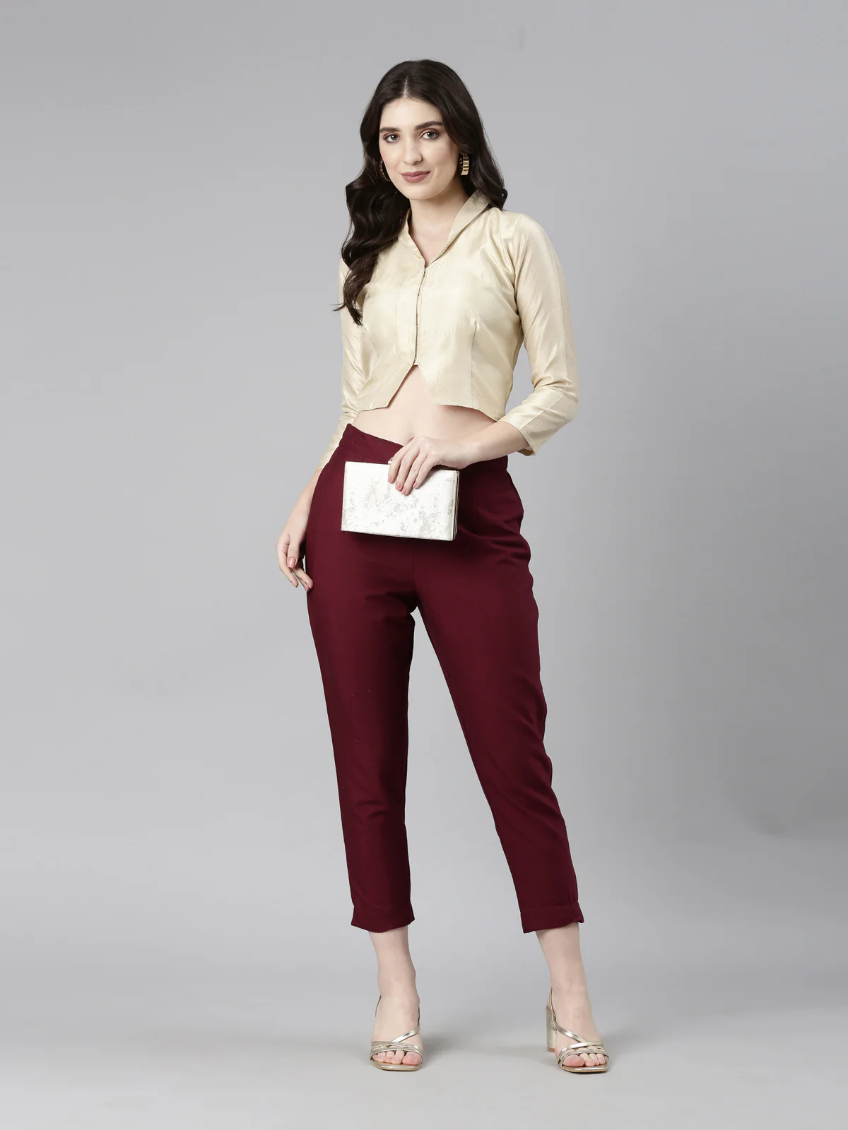 Beige Solid Three-Quarter Sleeves Mandarin Collar Dupion Silk Knot Blouse - Image 7