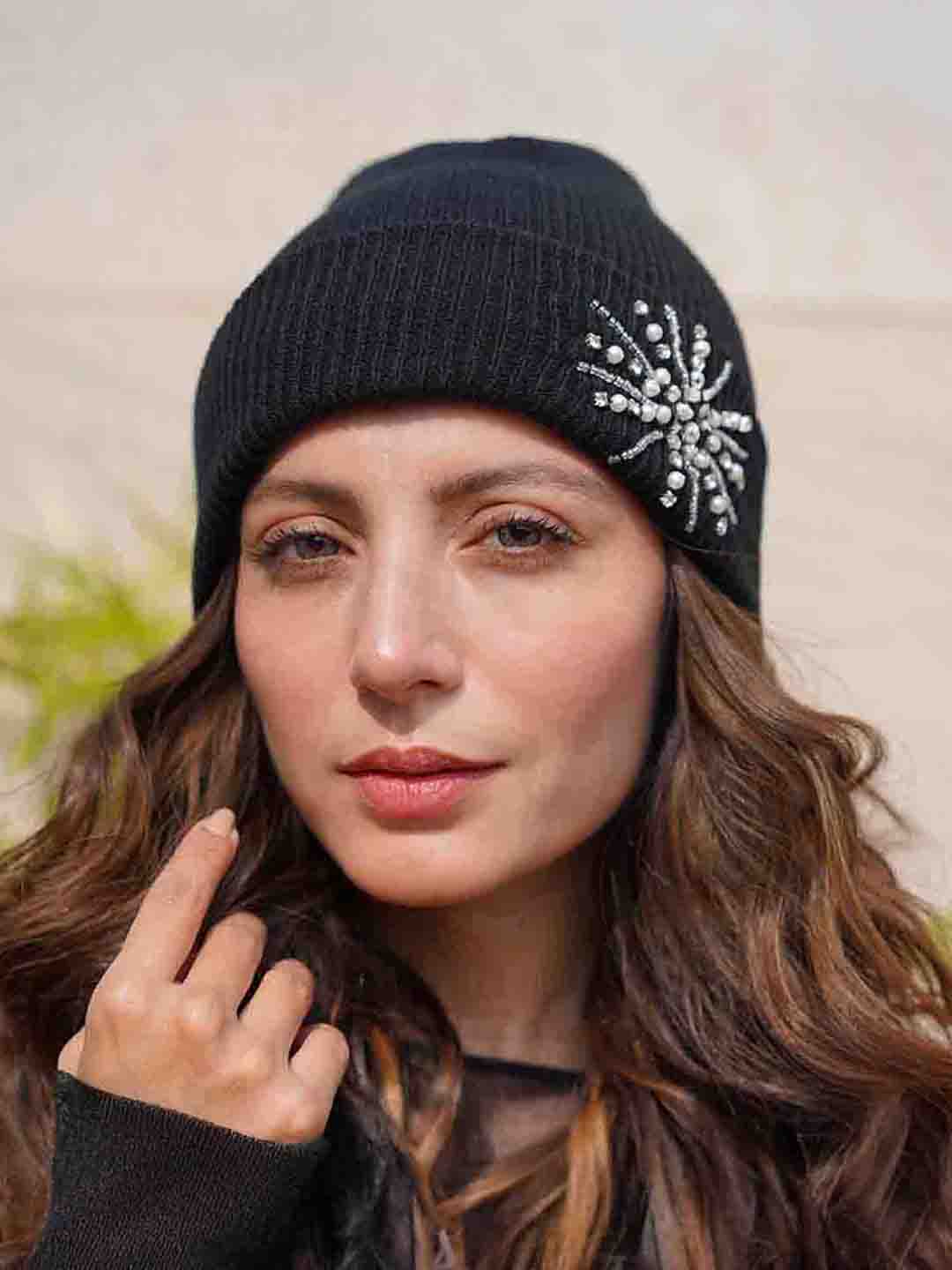 Black Beanie with Pearls & Crystals - Image 2