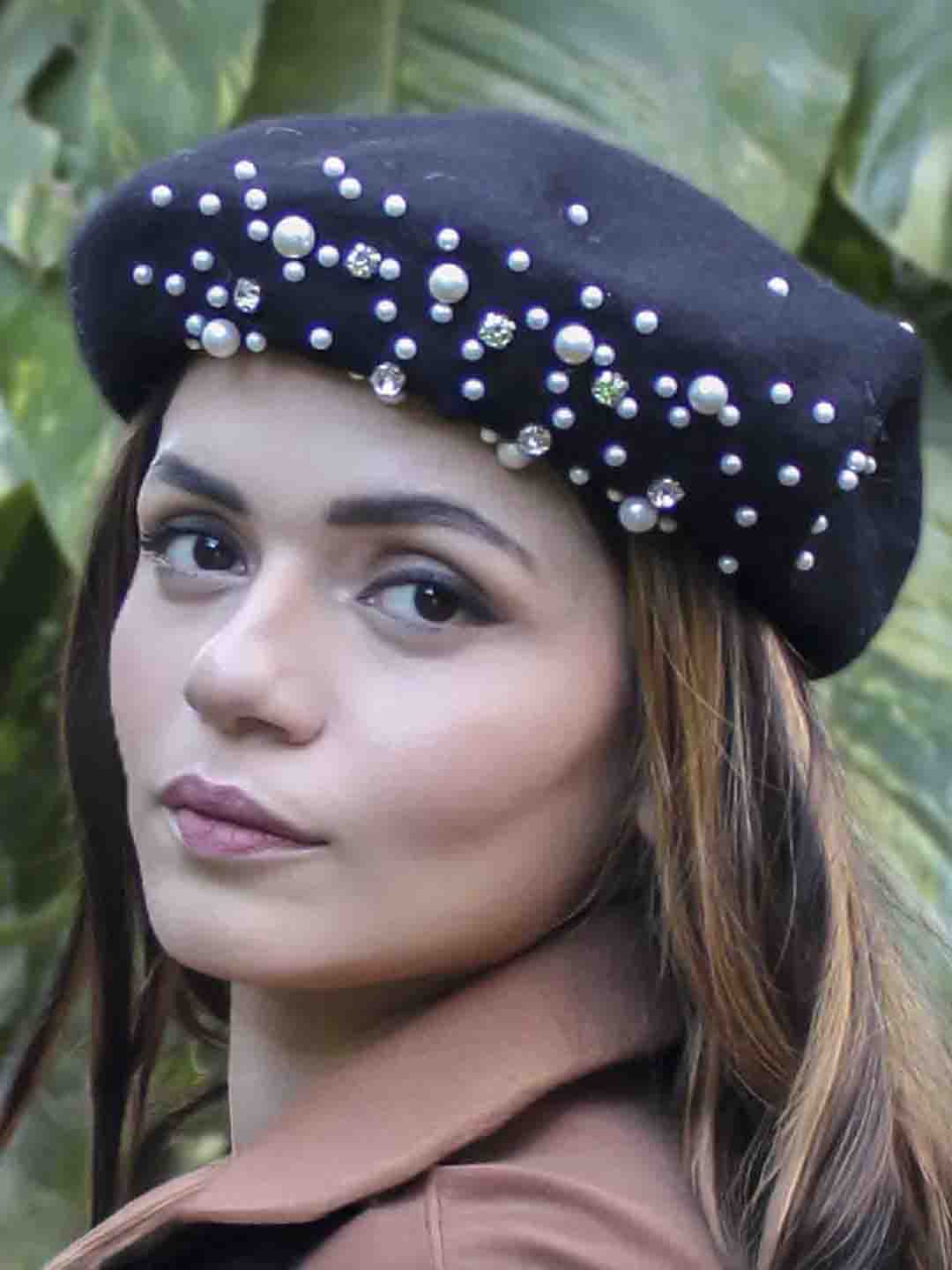 Black Beret with Pearls & Crystals - Image 3