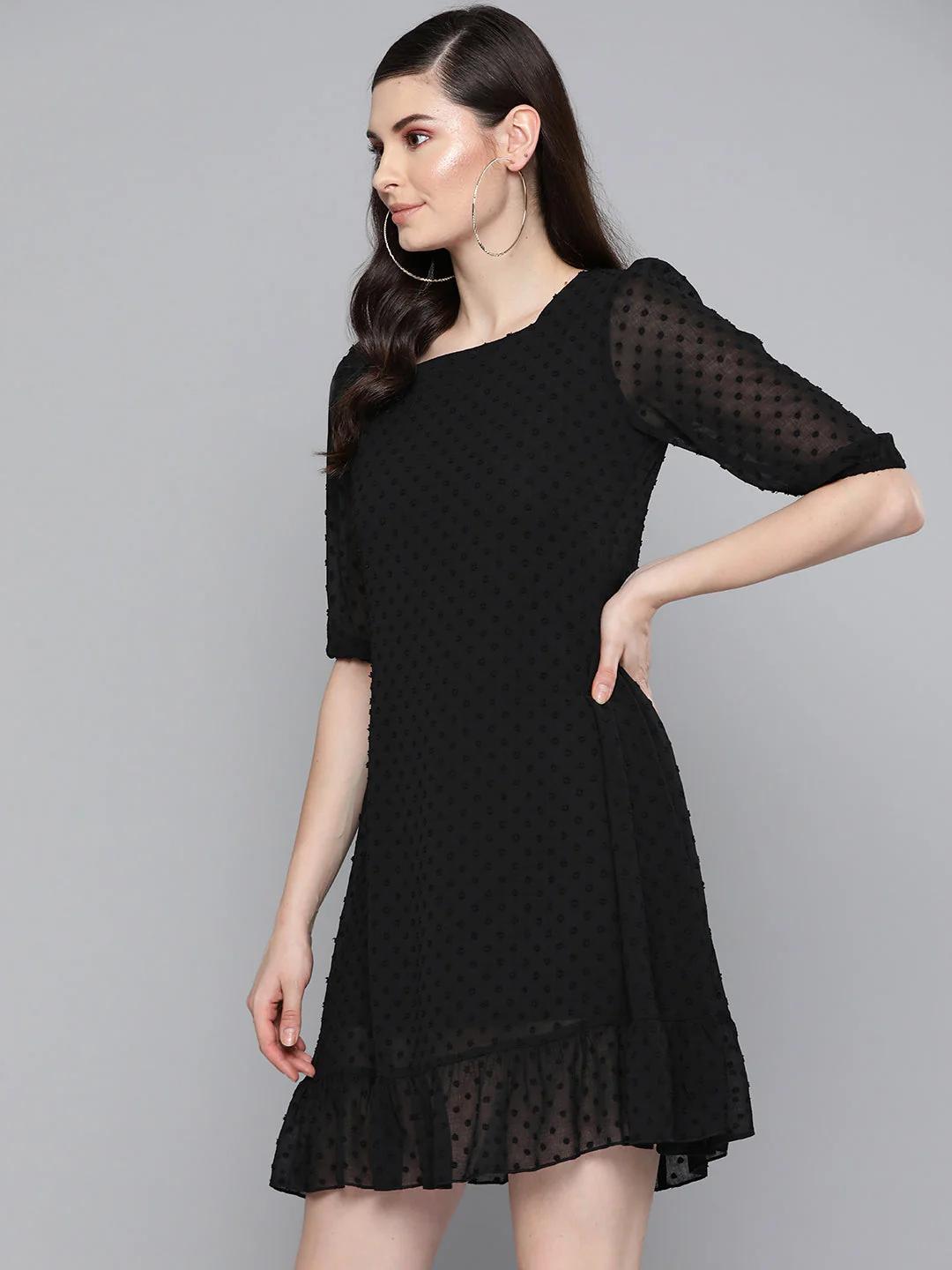 Women Black Dobby Frill Hem Short Dress - Image 2