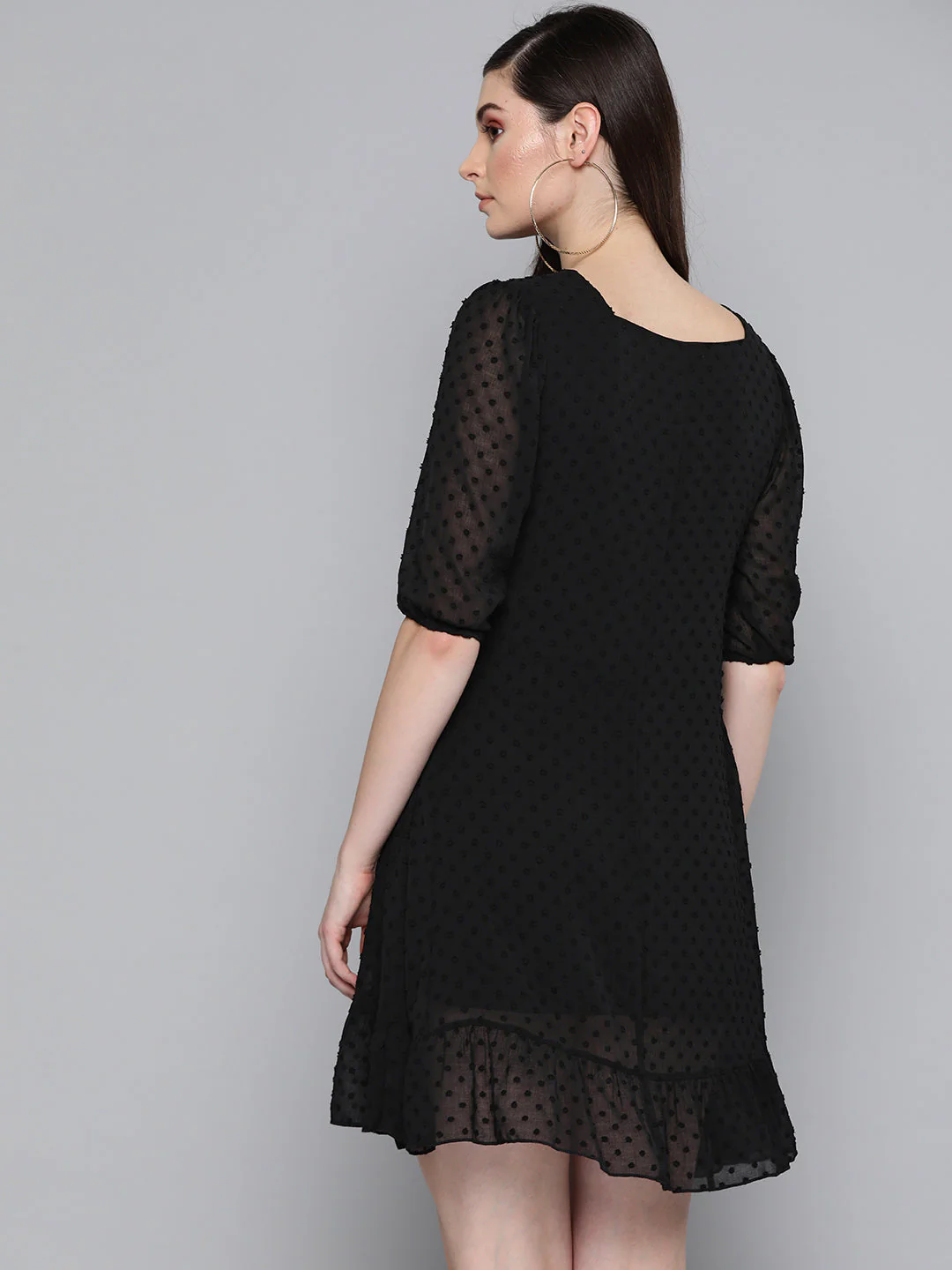 Women Black Dobby Frill Hem Short Dress - Image 3