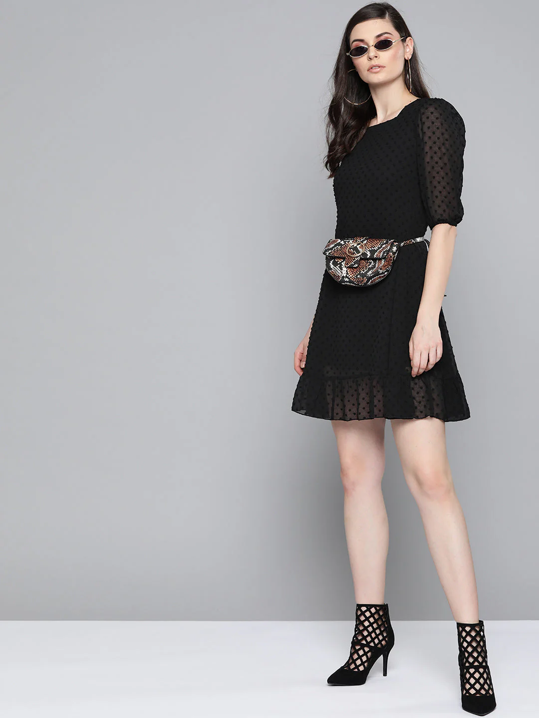 Women Black Dobby Frill Hem Short Dress - Image 4