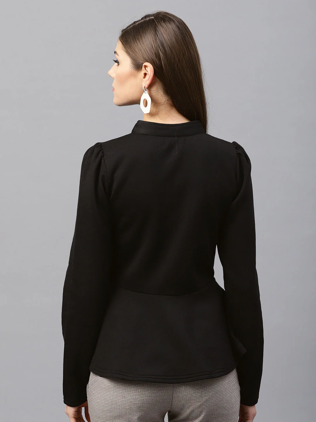 Women Black Fleece Peplum Jacket - Image 2