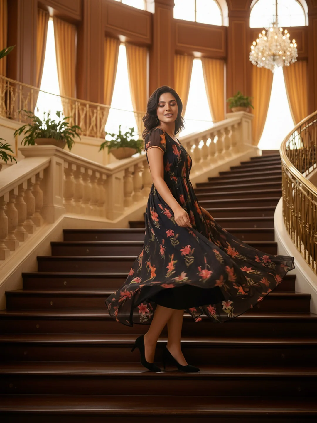 Women Black Floral Chiffon Dress - Image 2