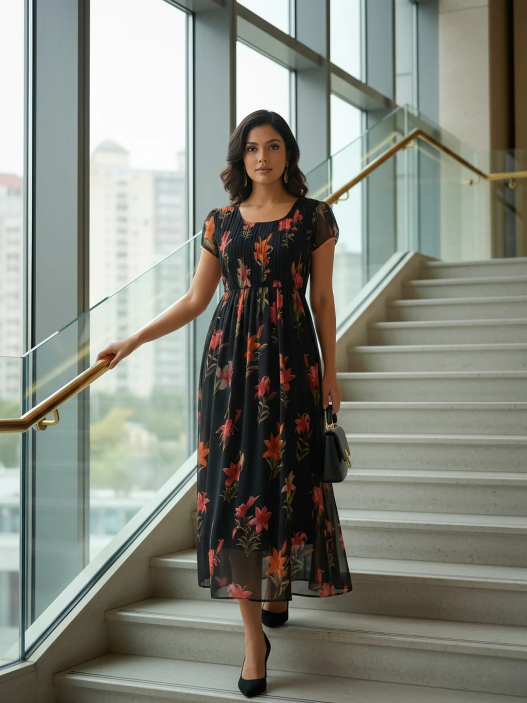Women Black Floral Chiffon Dress - Image 3