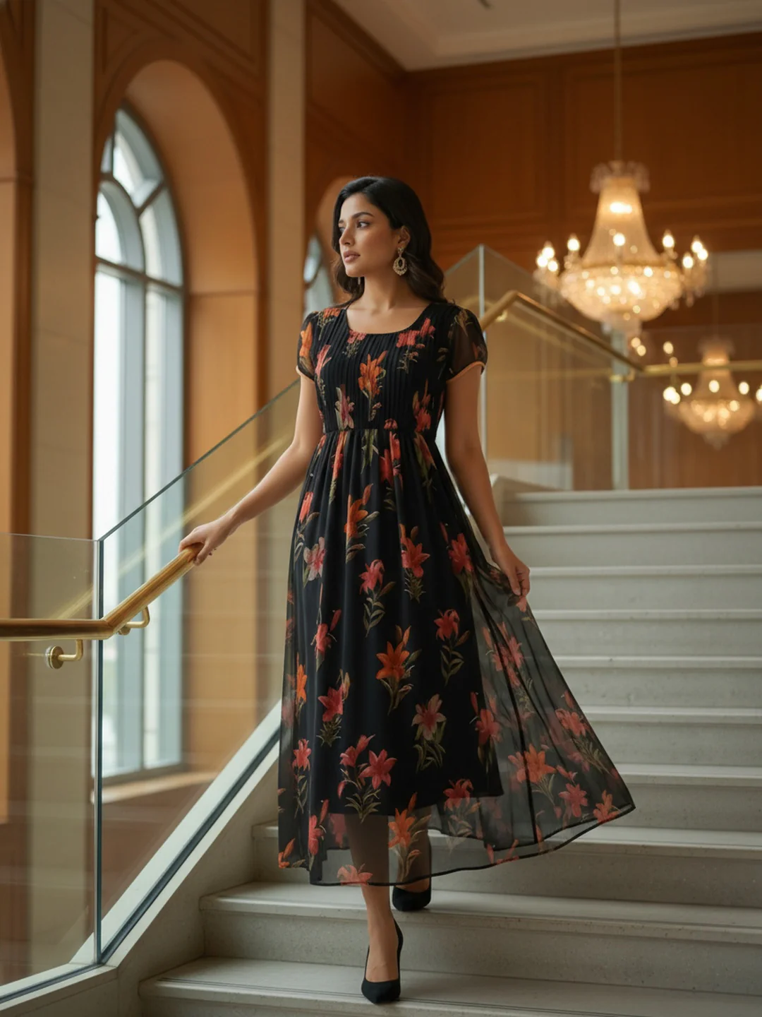 Women Black Floral Chiffon Dress - Image 5