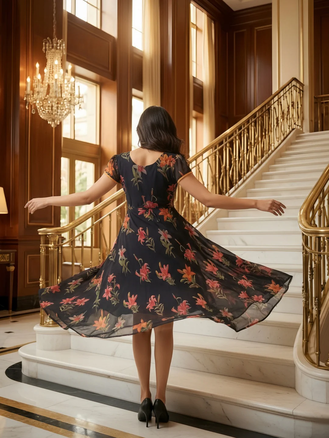 Women Black Floral Chiffon Dress - Image 6