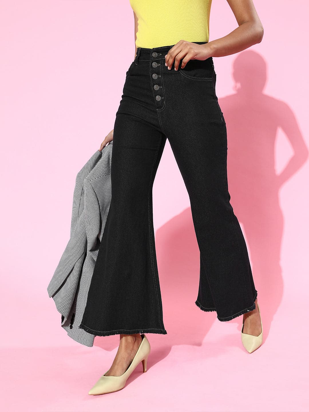 Women Black Front Button Bell Bottom Jeans