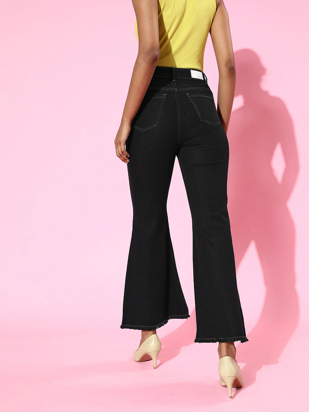 Women Black Front Button Bell Bottom Jeans - Image 3