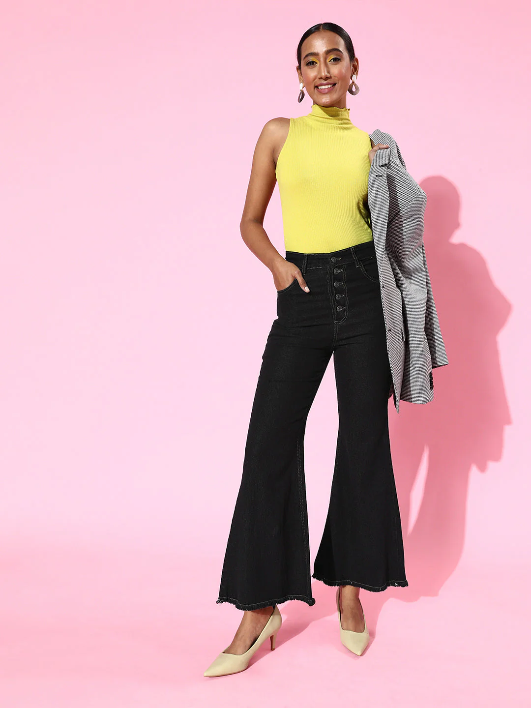 Women Black Front Button Bell Bottom Jeans - Image 4
