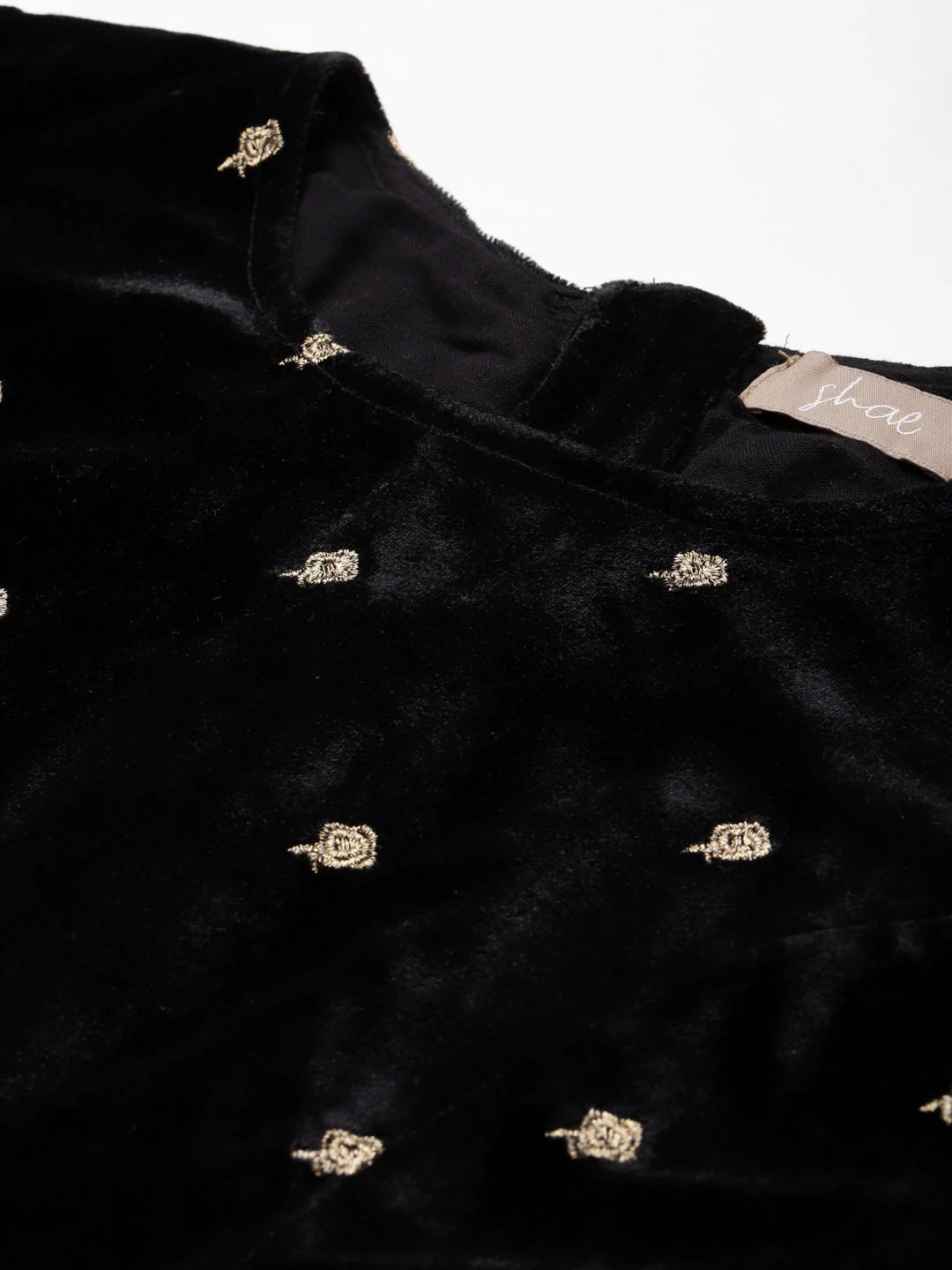 Black Full Sleeve Embroidered Velvet Crop Top - Image 2