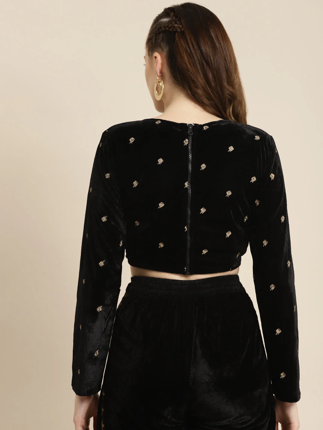 Black Full Sleeve Embroidered Velvet Crop Top - Image 4