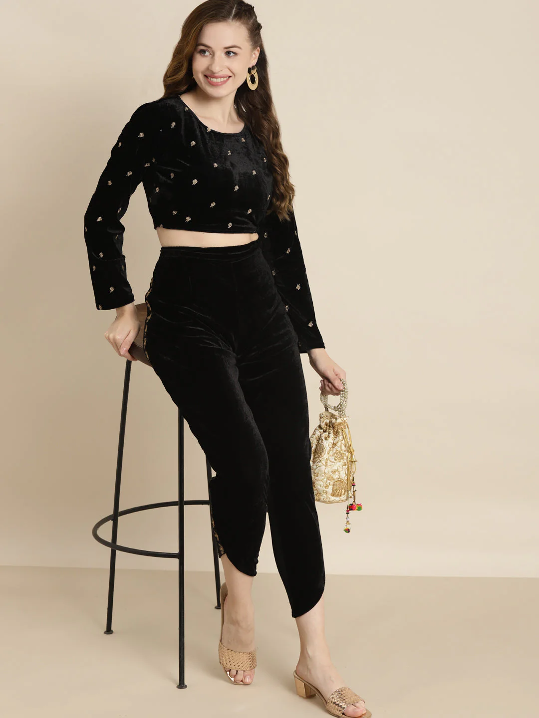 Black Full Sleeve Embroidered Velvet Crop Top - Image 5