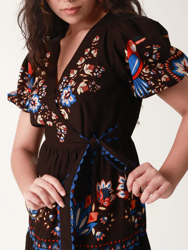 Women Black Garden Printed Wrap Dress - Image 6