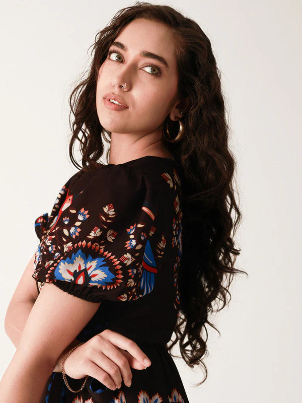 Women Black Garden Printed Wrap Dress - Image 7