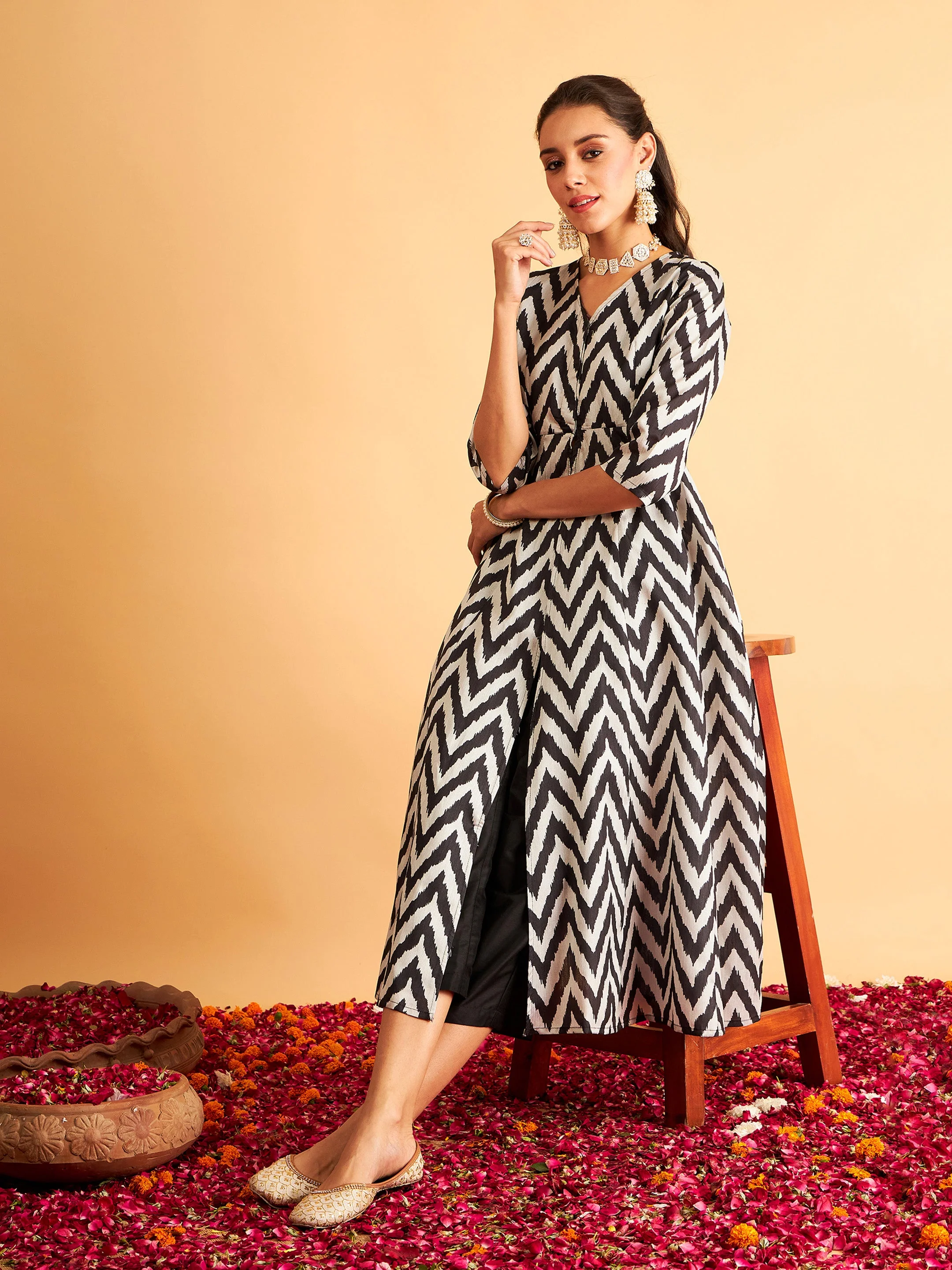Black Ikat Print Kali Kurta - Image 2