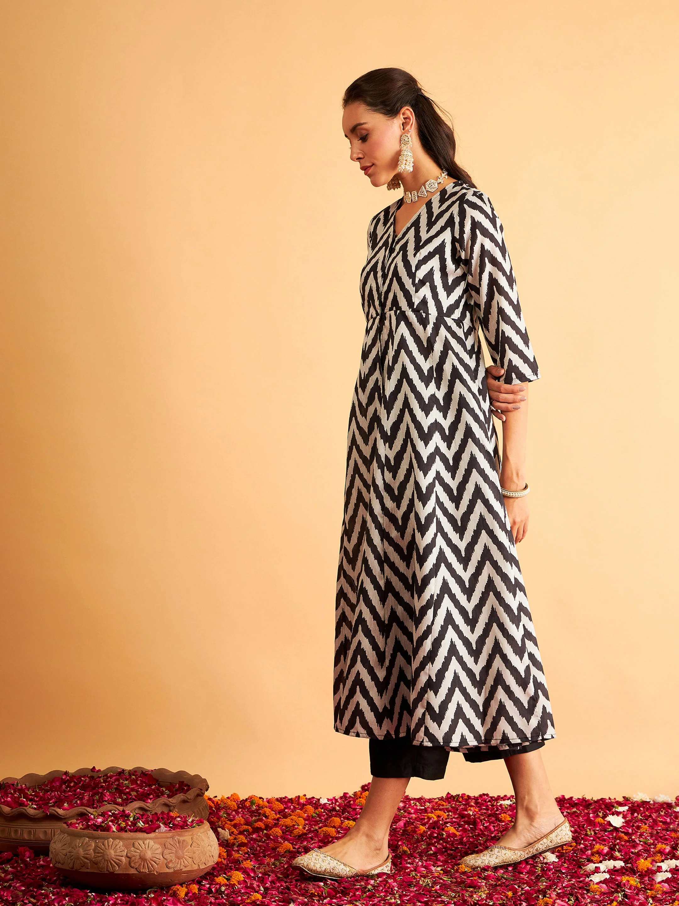 Black Ikat Print Kali Kurta - Image 3